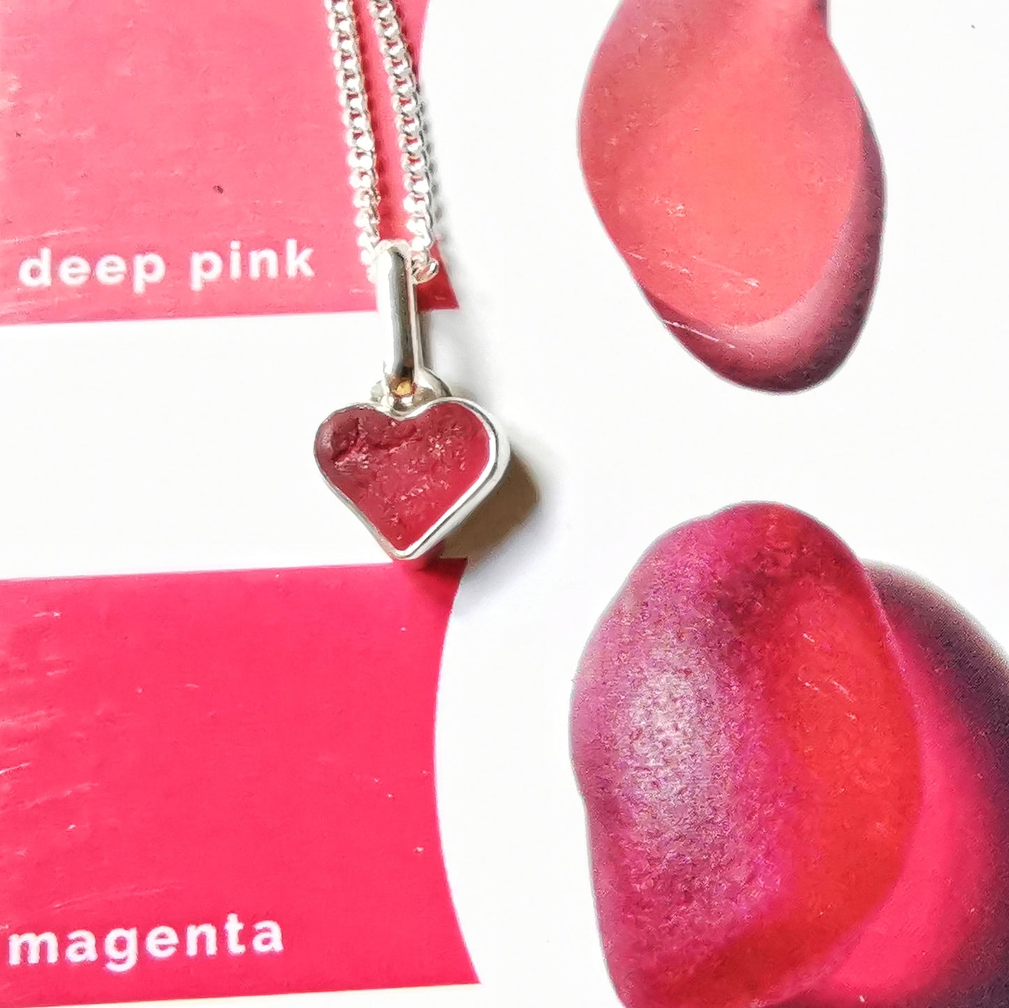 Tiny magenta pink sea glass heart & sterling silver pendant.