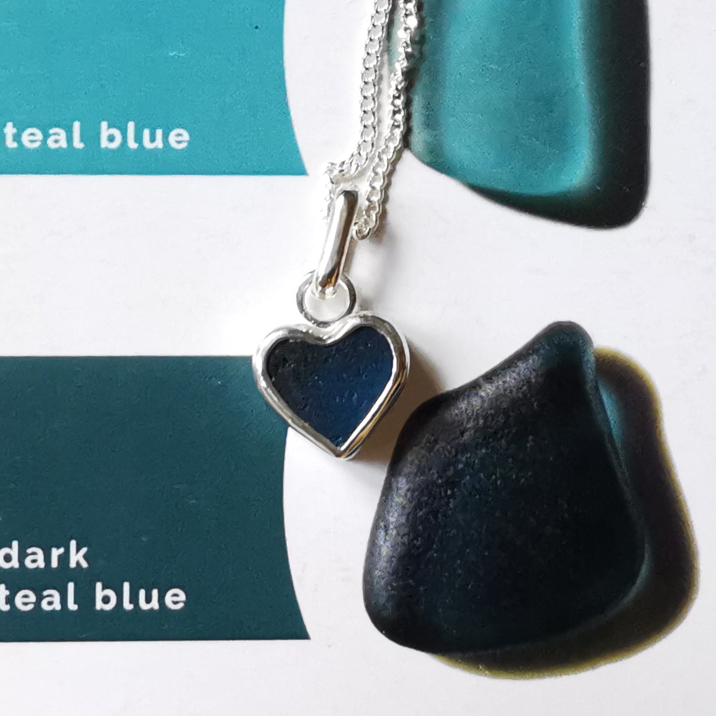 Scottish teal blue sea glass heart & sterling silver pendant.