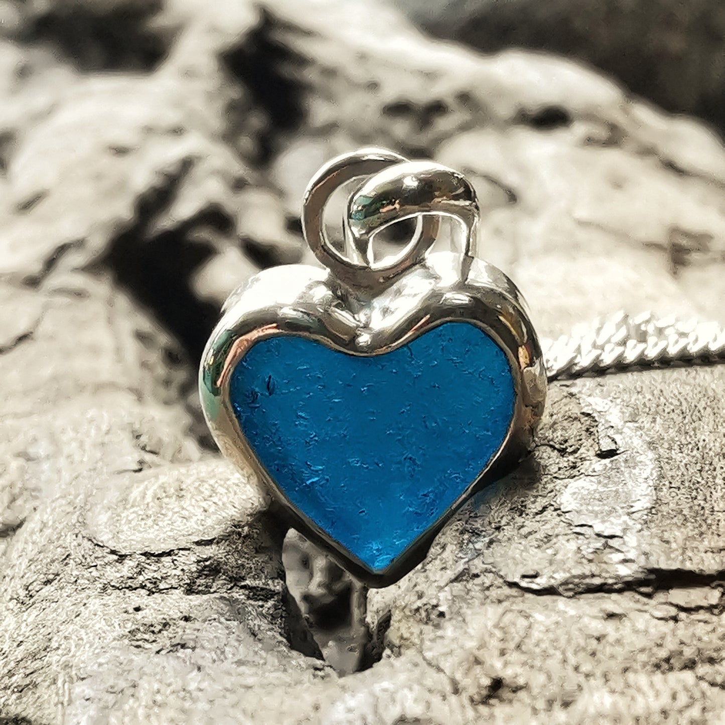 Scottish teal blue sea glass heart & sterling silver pendant.