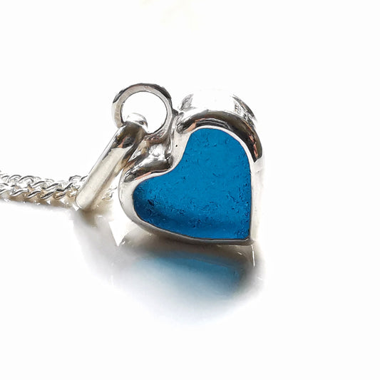 Scottish teal blue sea glass heart & sterling silver pendant.