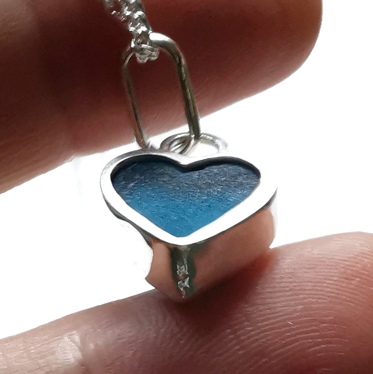 Scottish teal blue sea glass heart & sterling silver pendant.