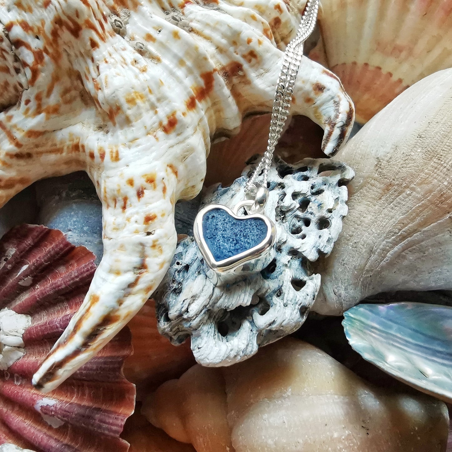 Scottish teal blue sea glass heart & sterling silver pendant.