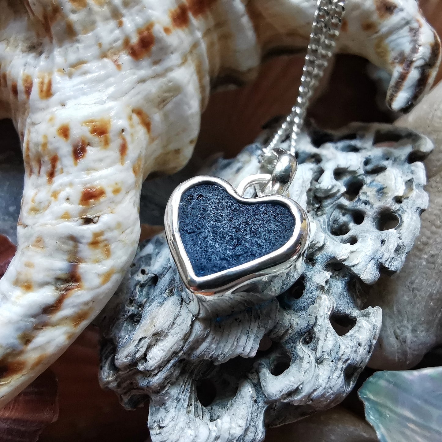 Scottish teal blue sea glass heart & sterling silver pendant.