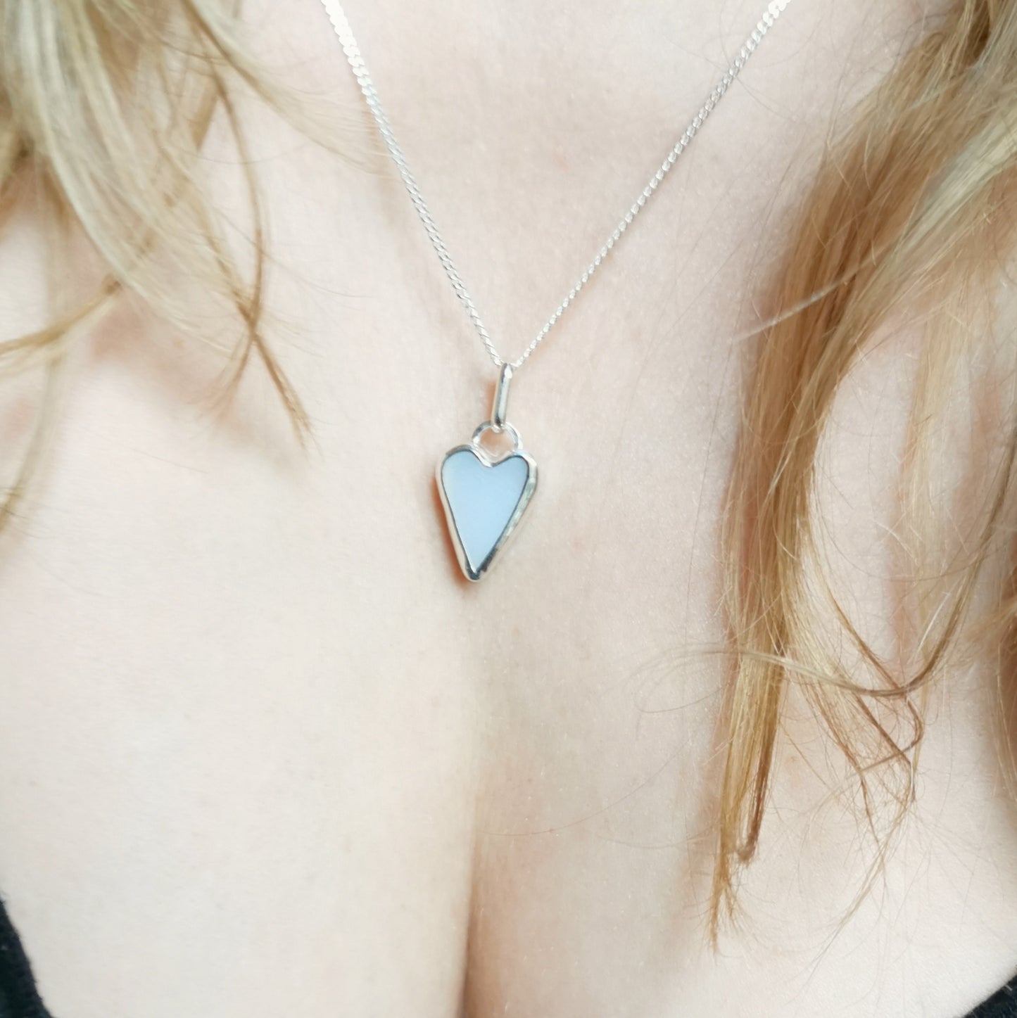 Seaham opalescent sea glass heart & sterling silver pendant.