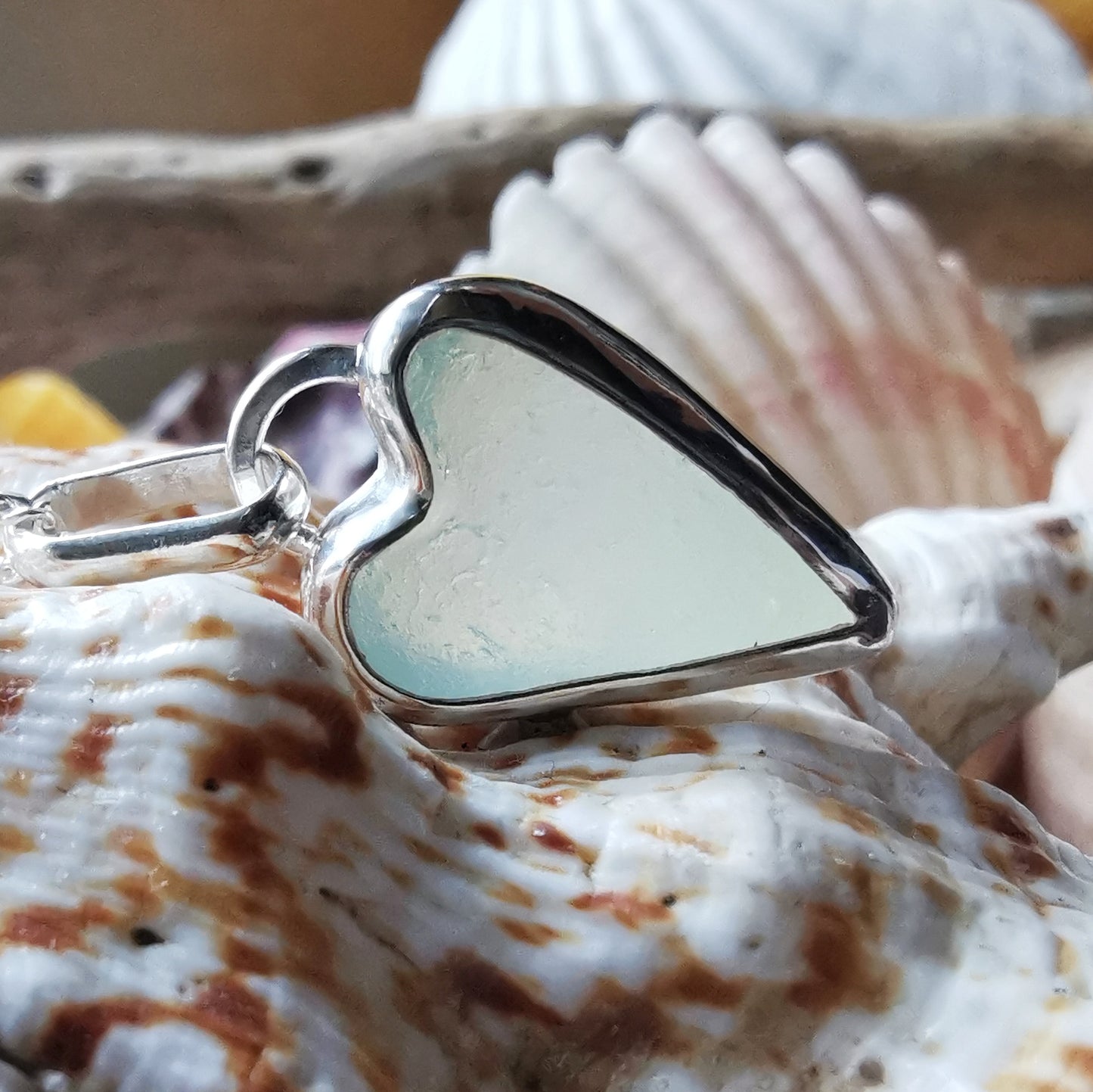 Seaham opalescent sea glass heart & sterling silver pendant.