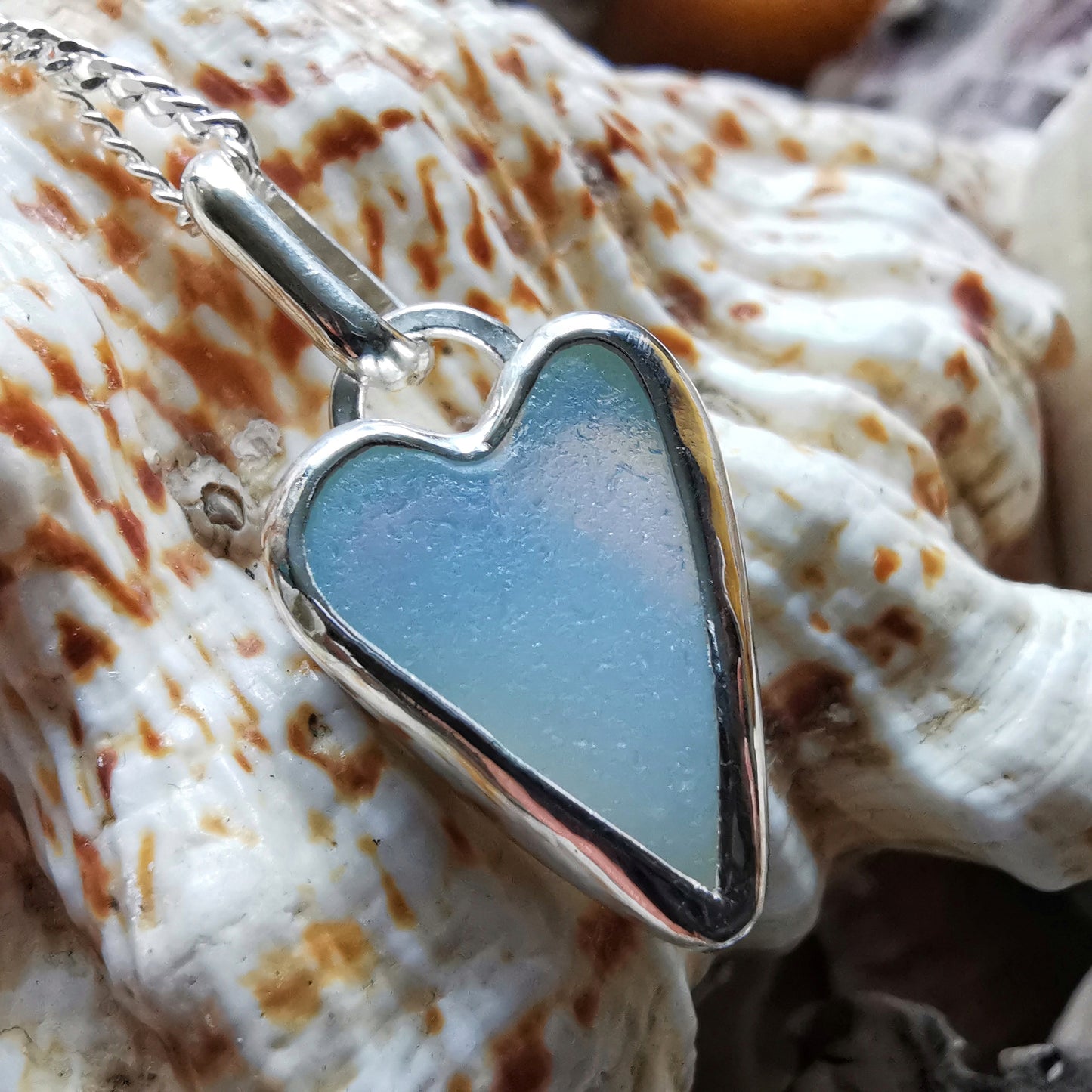 Seaham opalescent sea glass heart & sterling silver pendant.