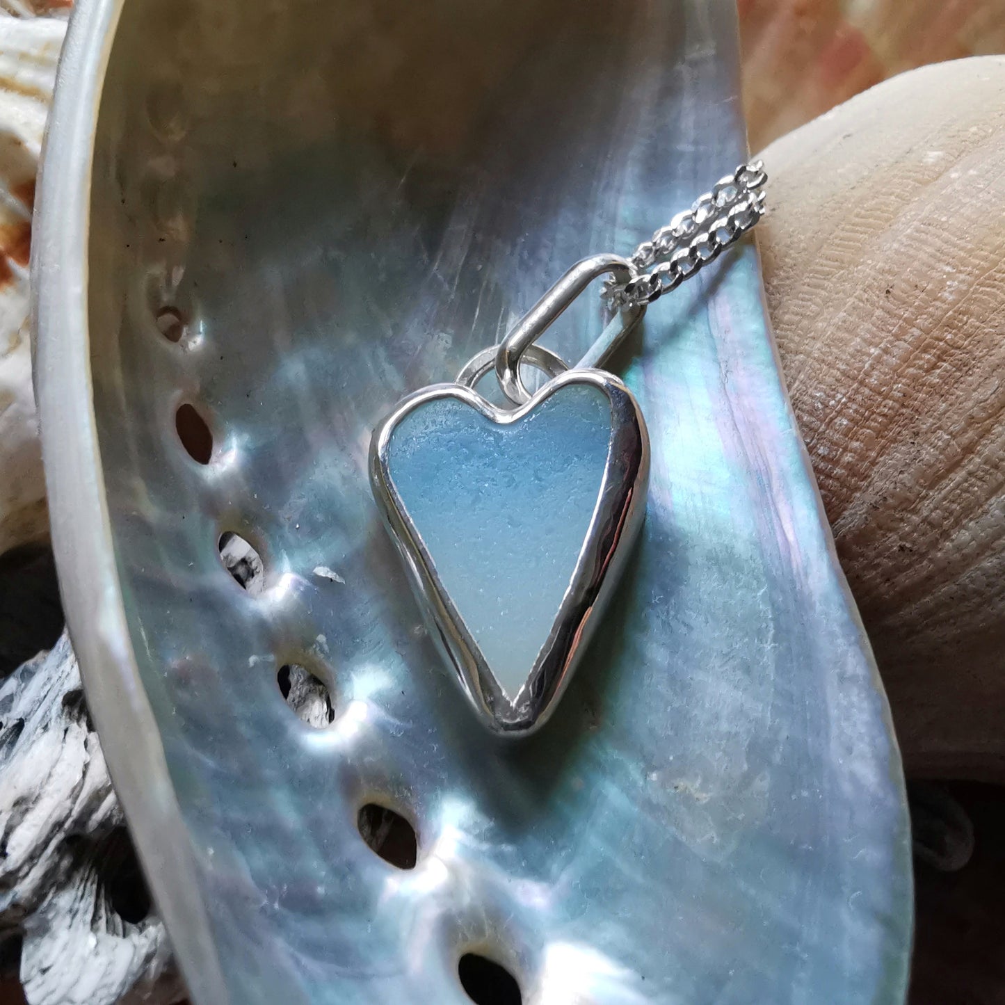 Seaham opalescent sea glass heart & sterling silver pendant.