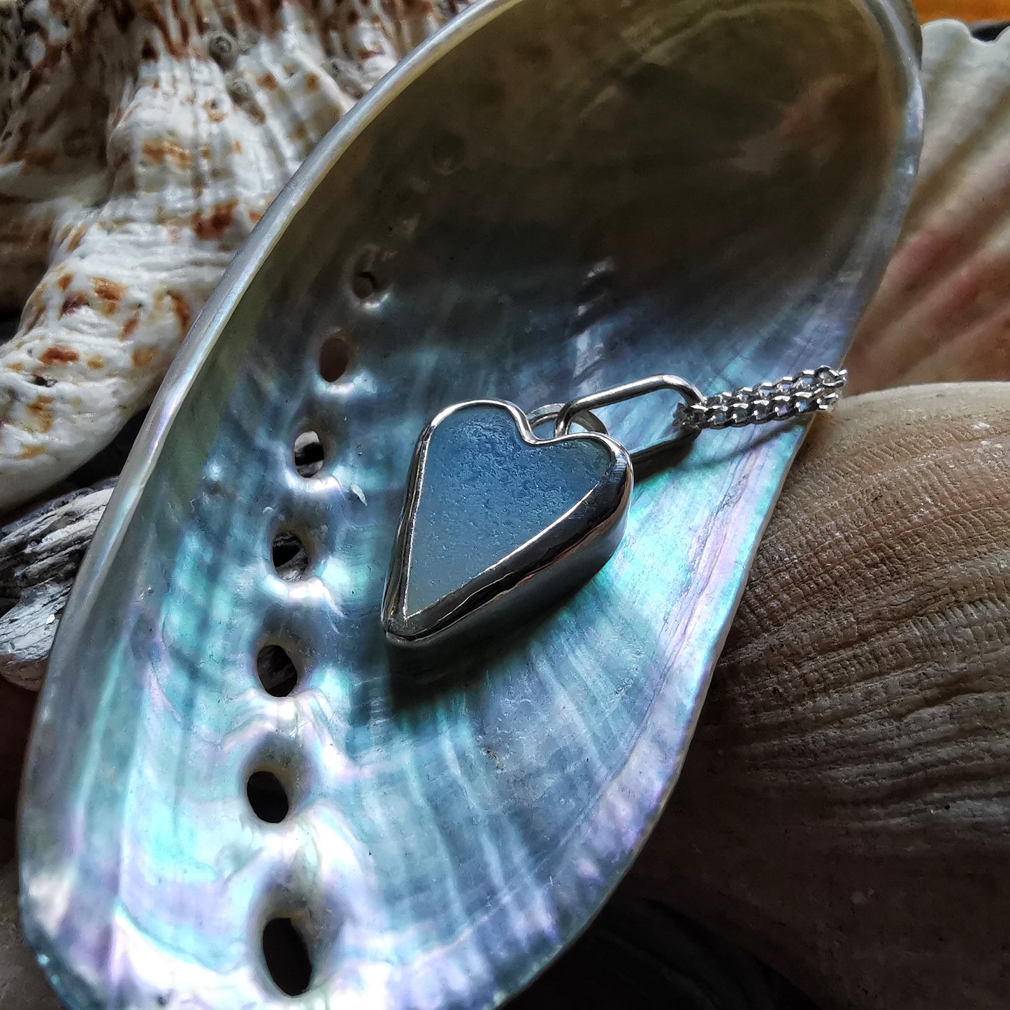 Seaham opalescent sea glass heart & sterling silver pendant.