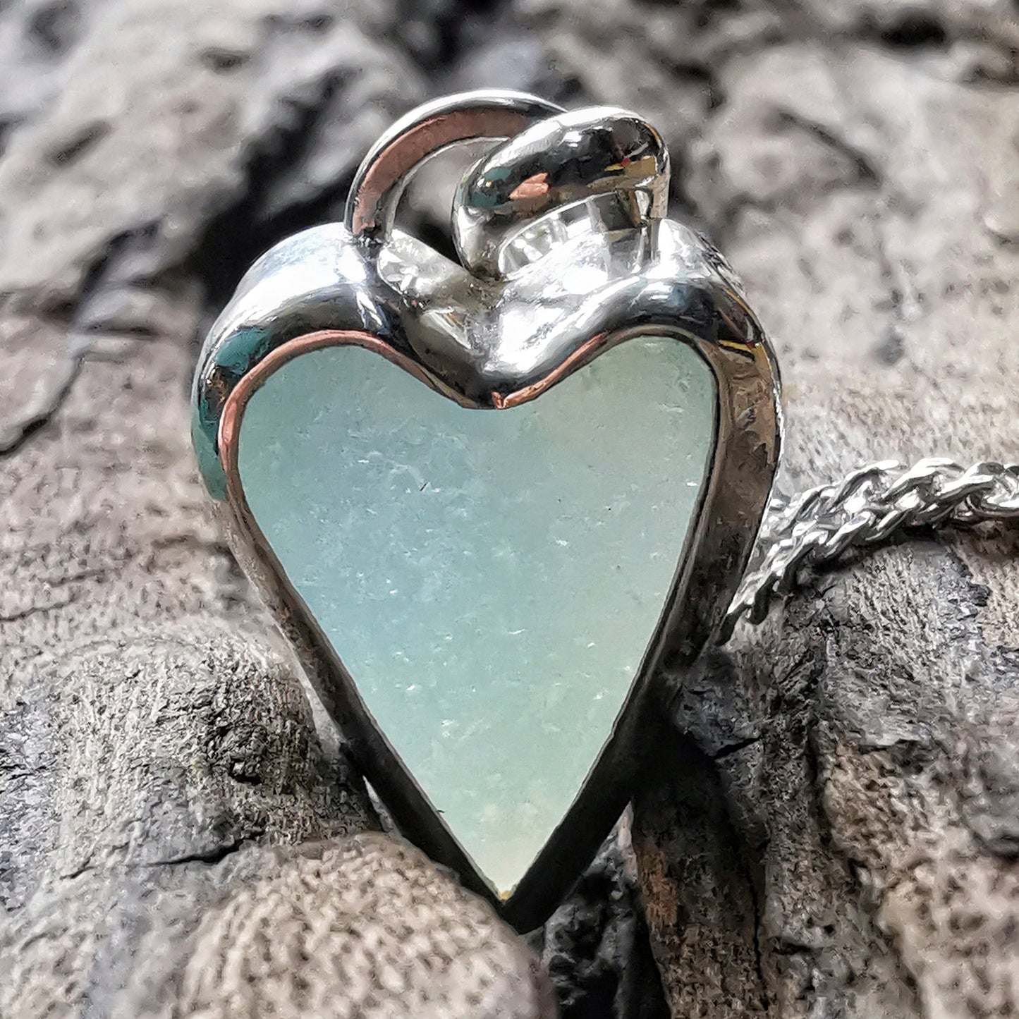Seaham opalescent sea glass heart & sterling silver pendant.