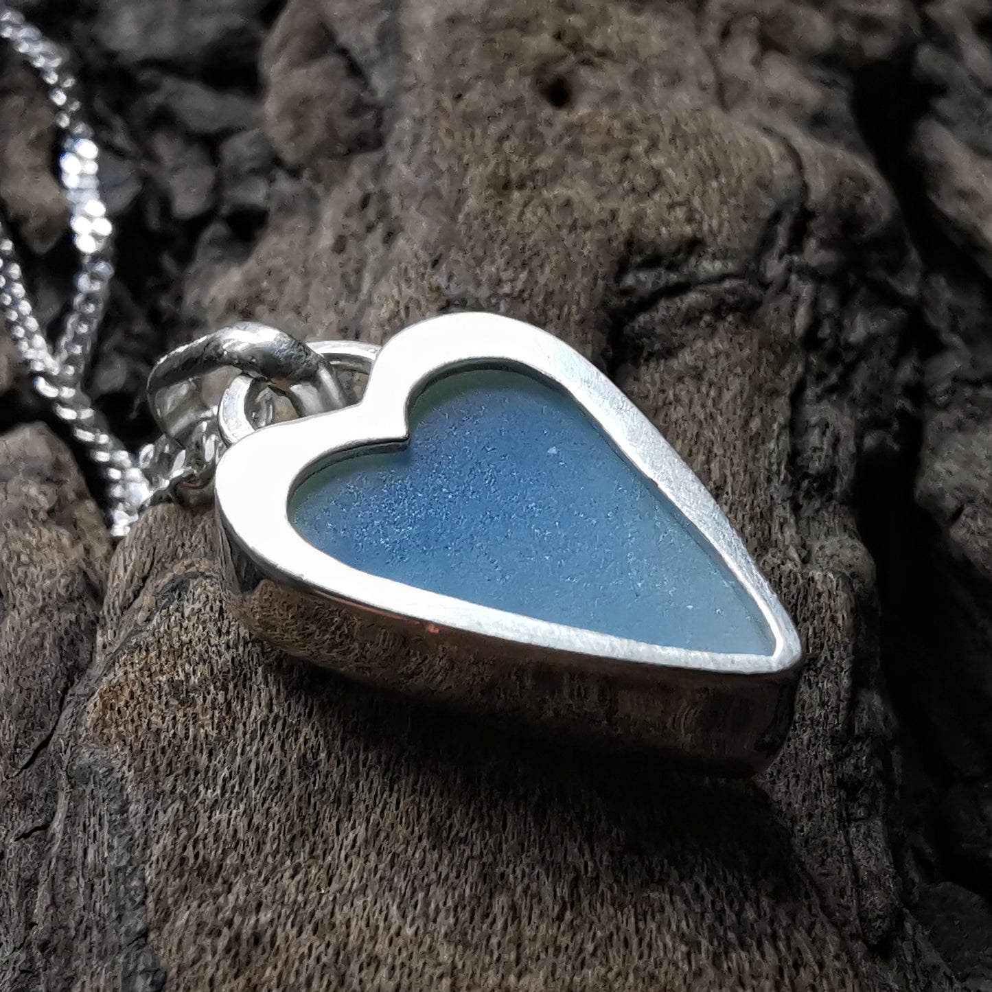 Seaham opalescent sea glass heart & sterling silver pendant.