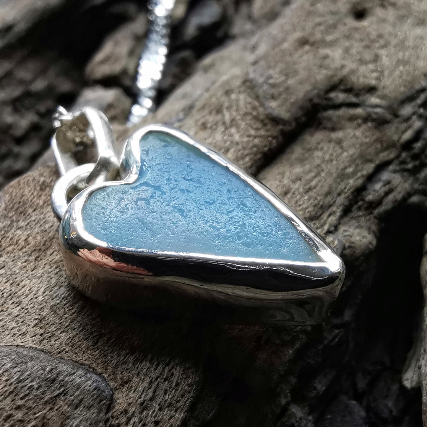 Seaham opalescent sea glass heart & sterling silver pendant.