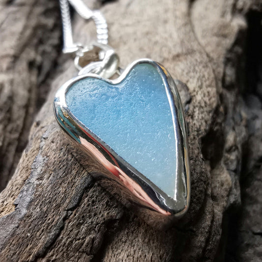 Seaham opalescent sea glass heart & sterling silver pendant.