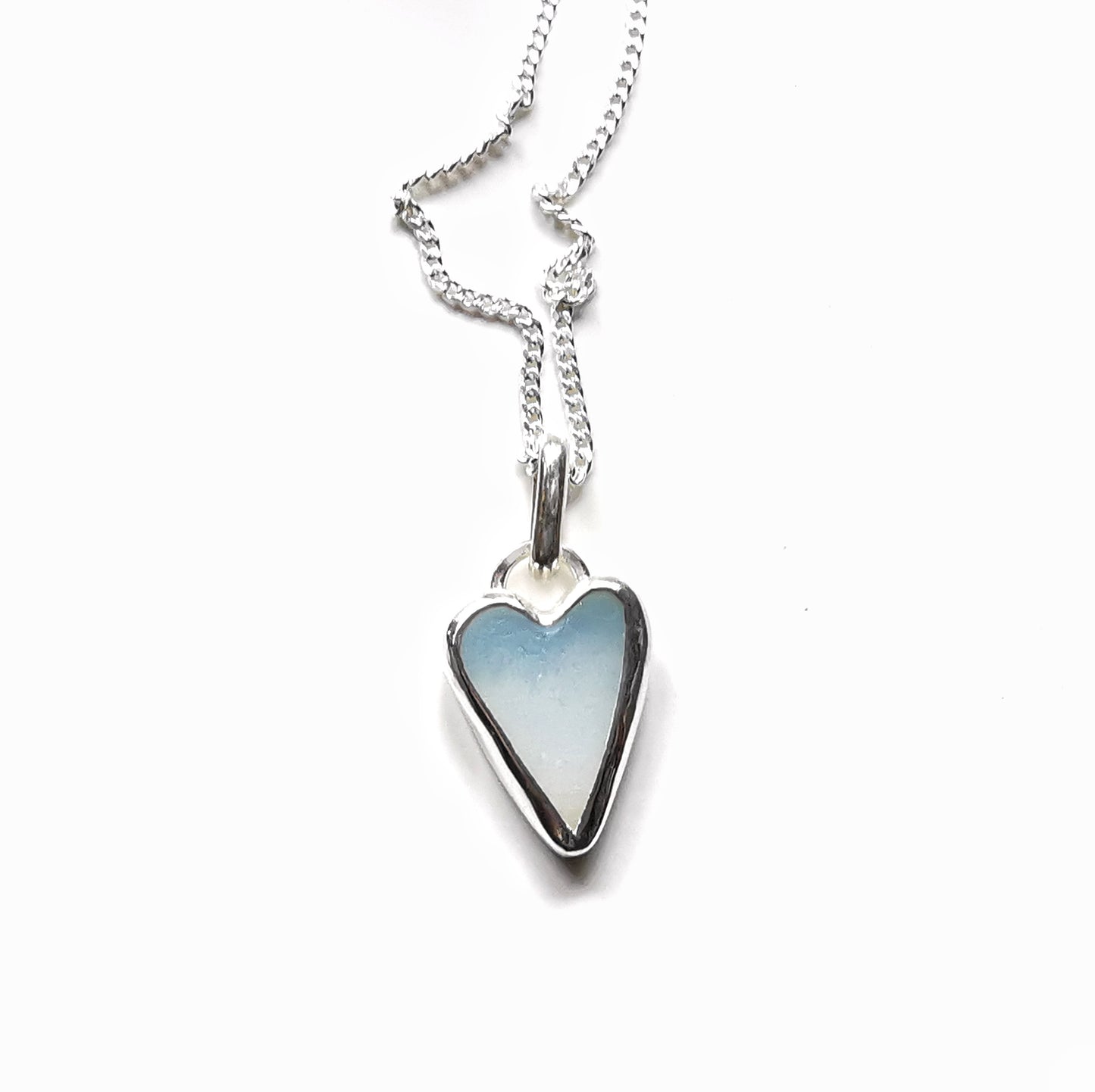 Seaham opalescent sea glass heart & sterling silver pendant.