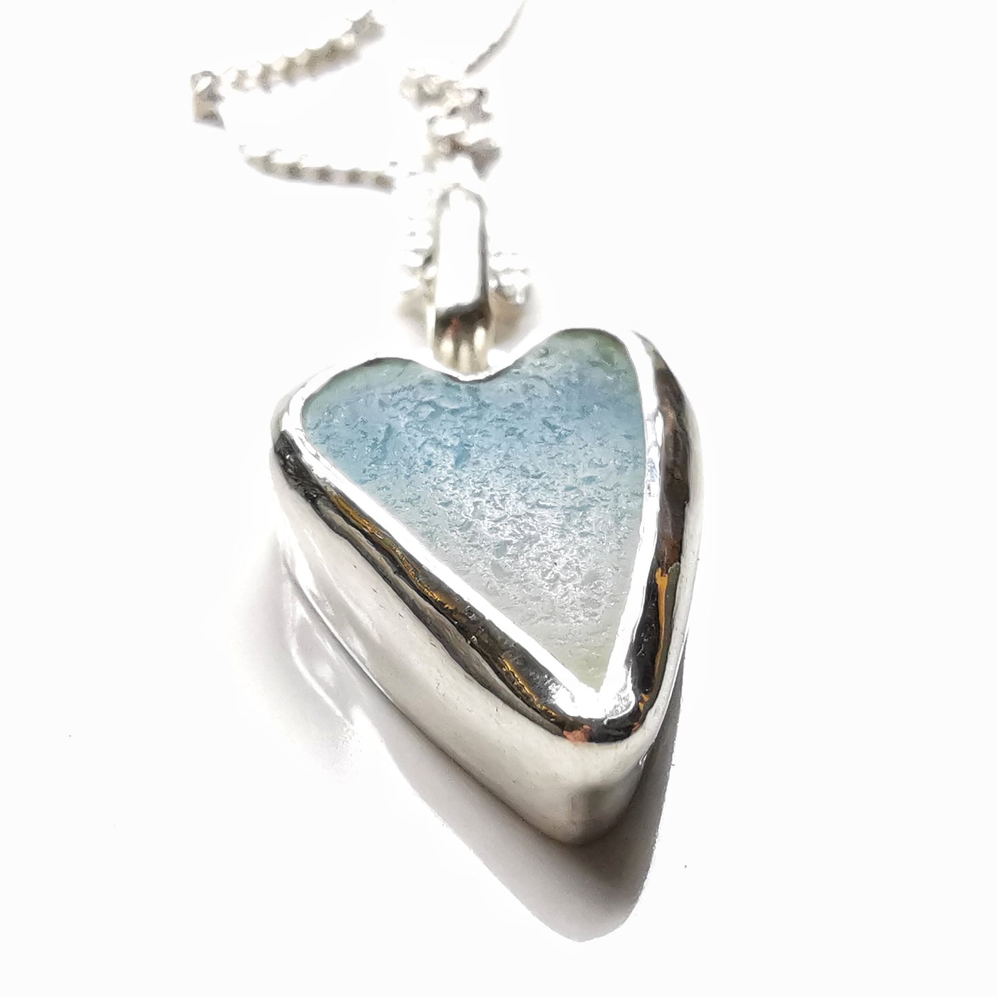 Seaham opalescent sea glass heart & sterling silver pendant.