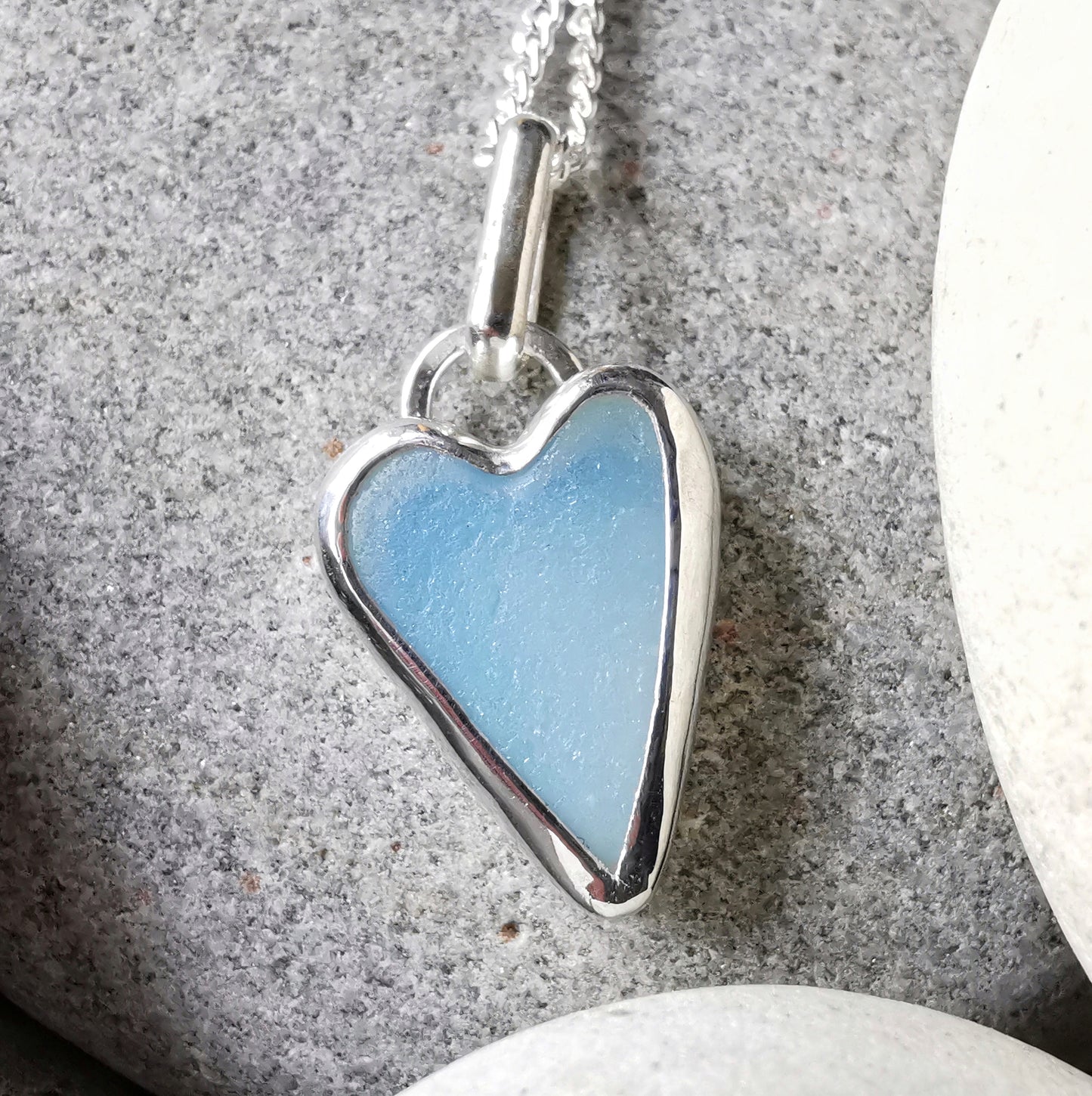 Seaham opalescent sea glass heart & sterling silver pendant.