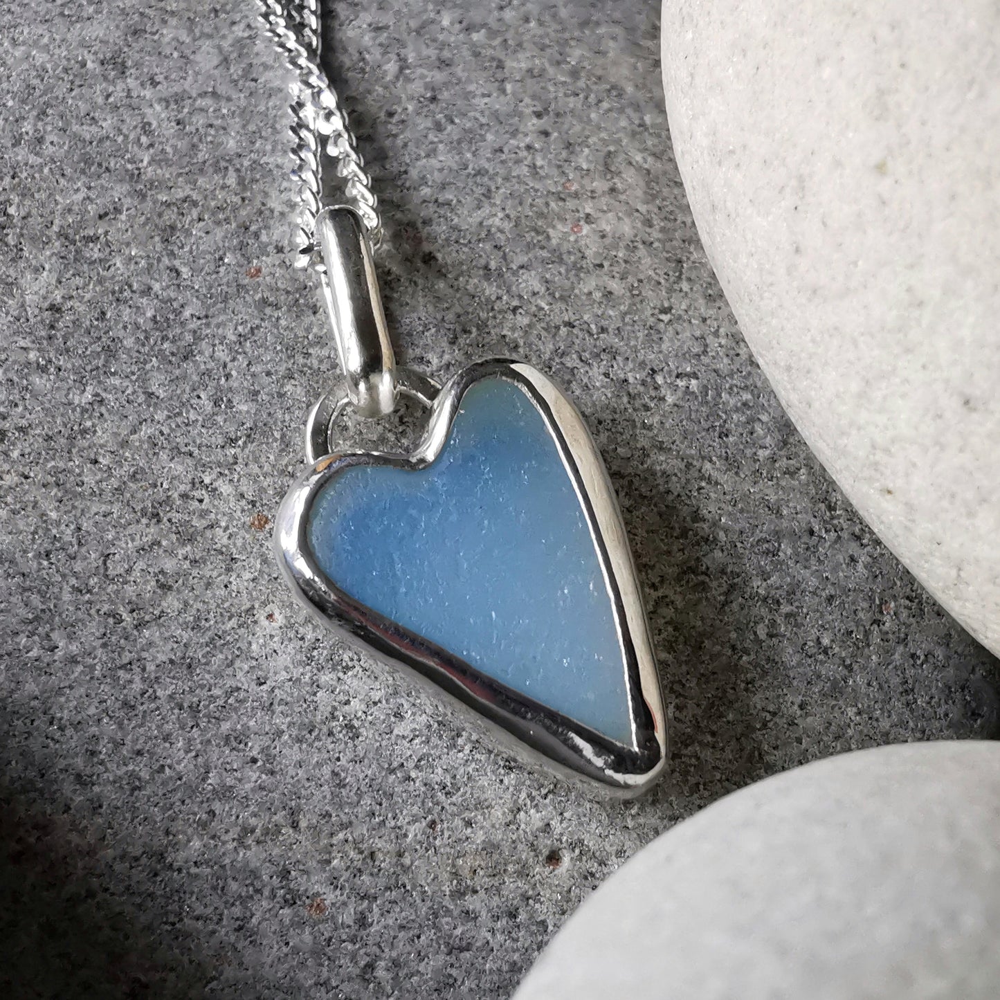 Seaham opalescent sea glass heart & sterling silver pendant.