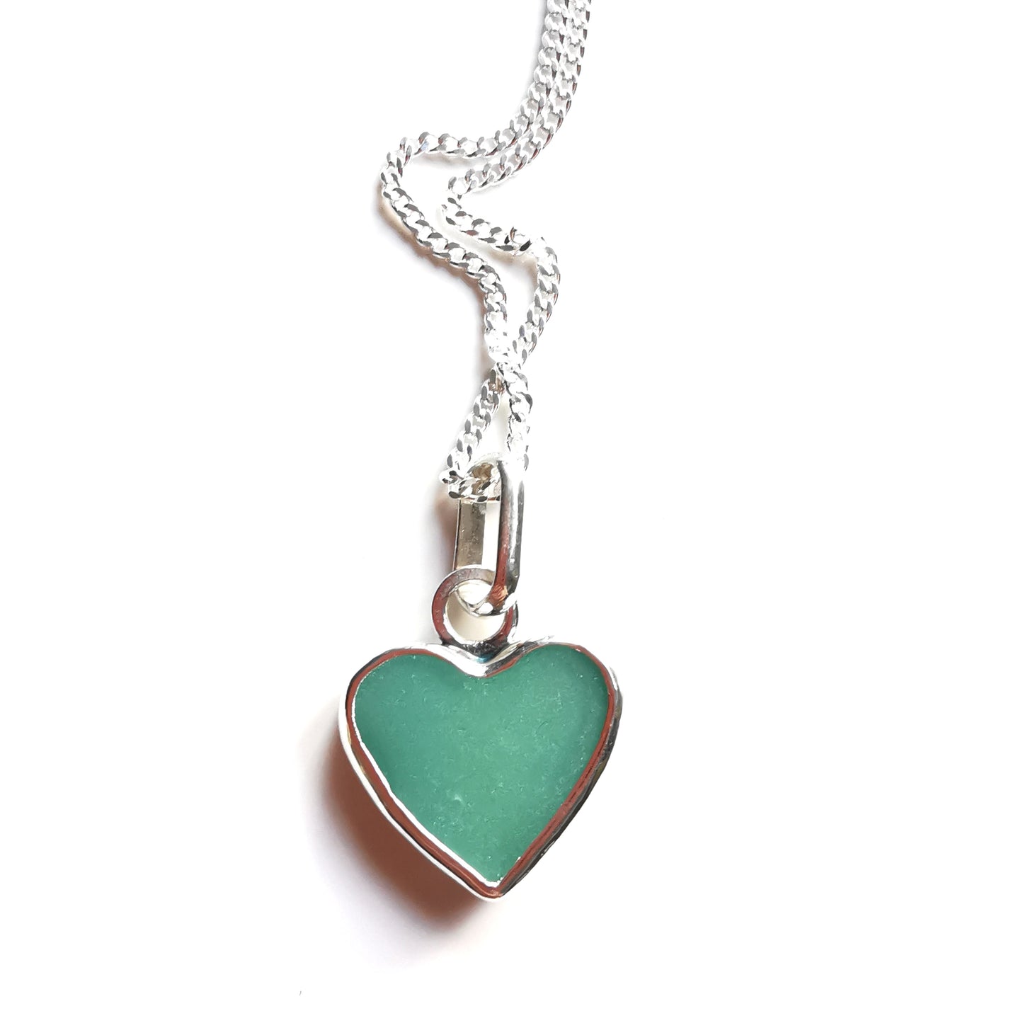 Teal green sea glass heart & sterling silver pendant.