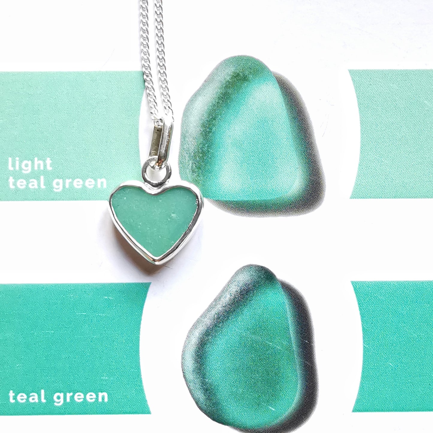 Teal green sea glass heart & sterling silver pendant.