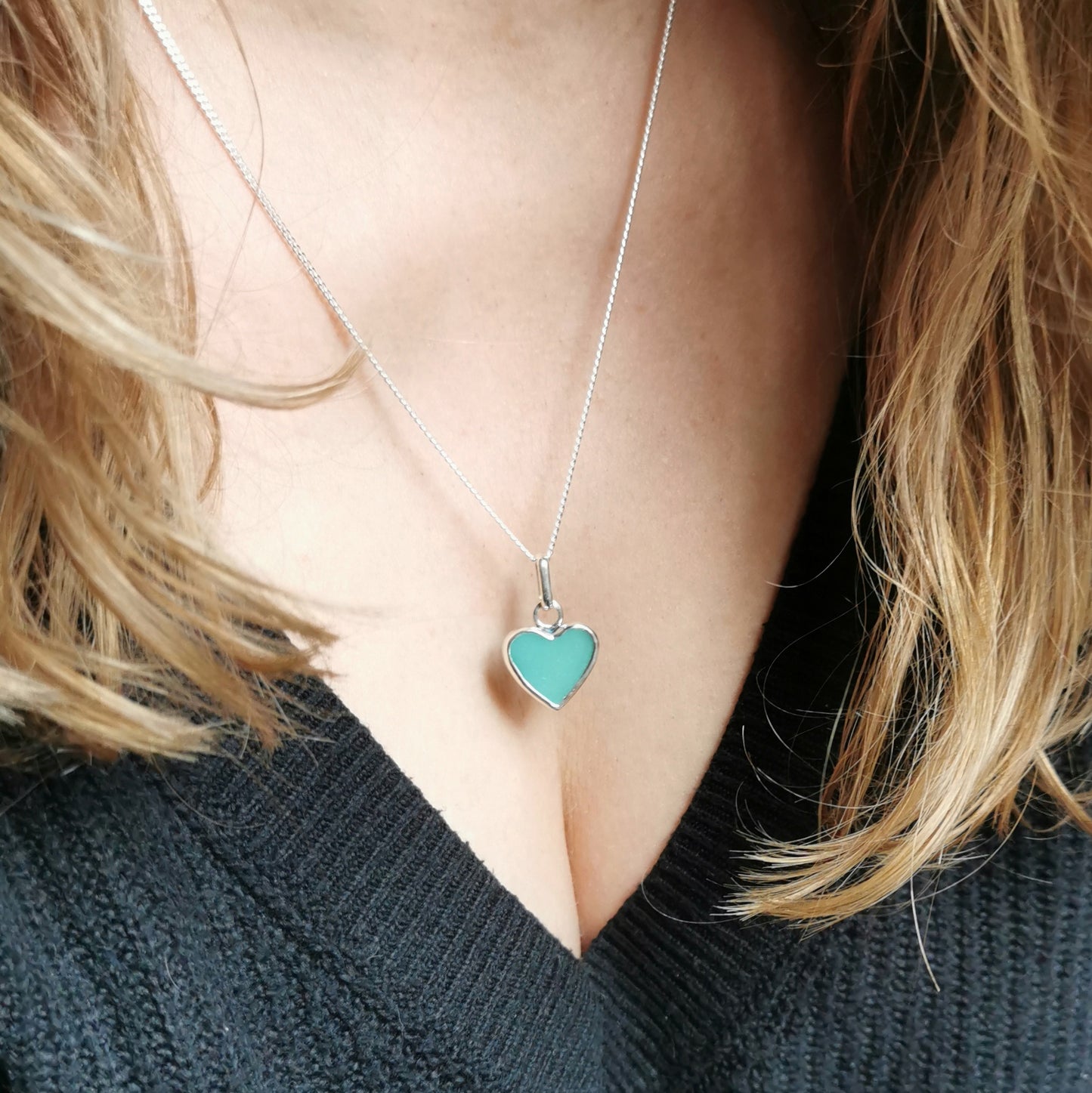Teal green sea glass heart & sterling silver pendant.