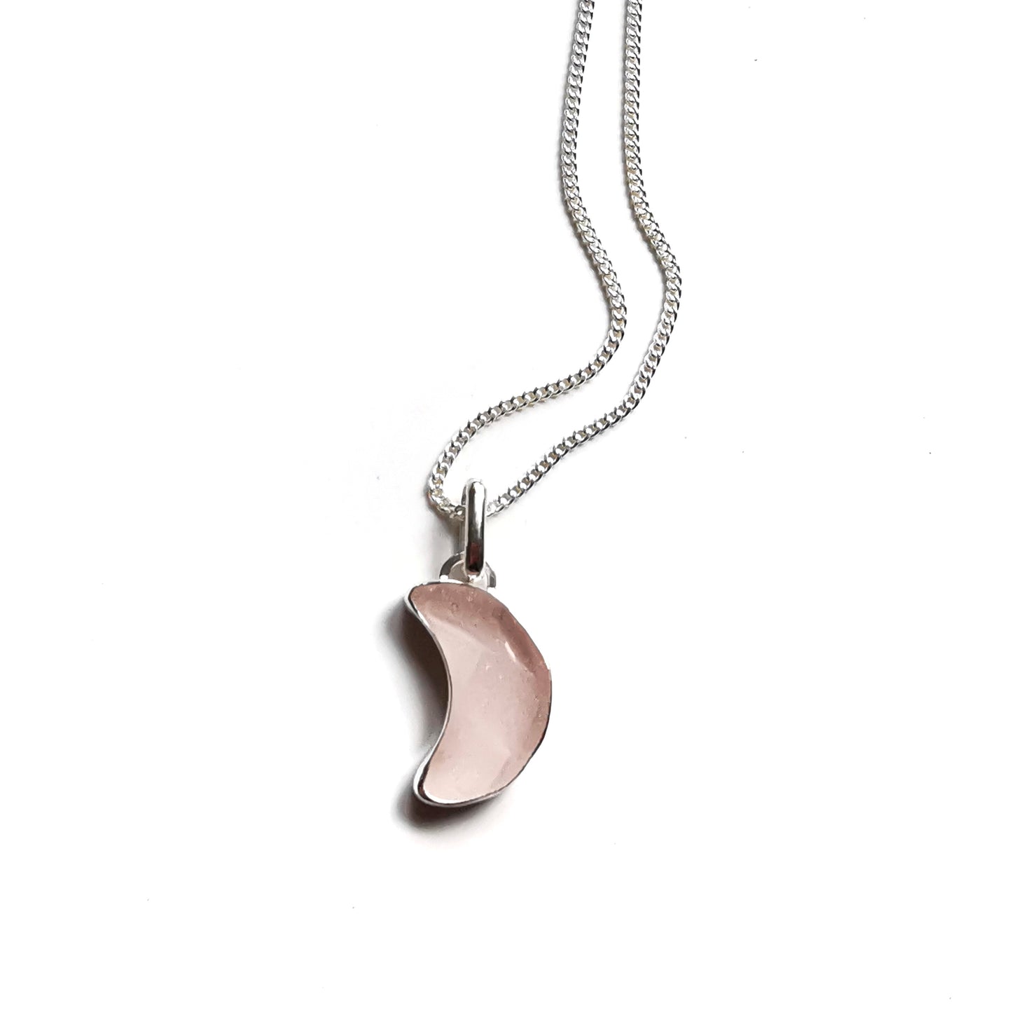 Pink crescent moon sea glass & sterling silver pendant.