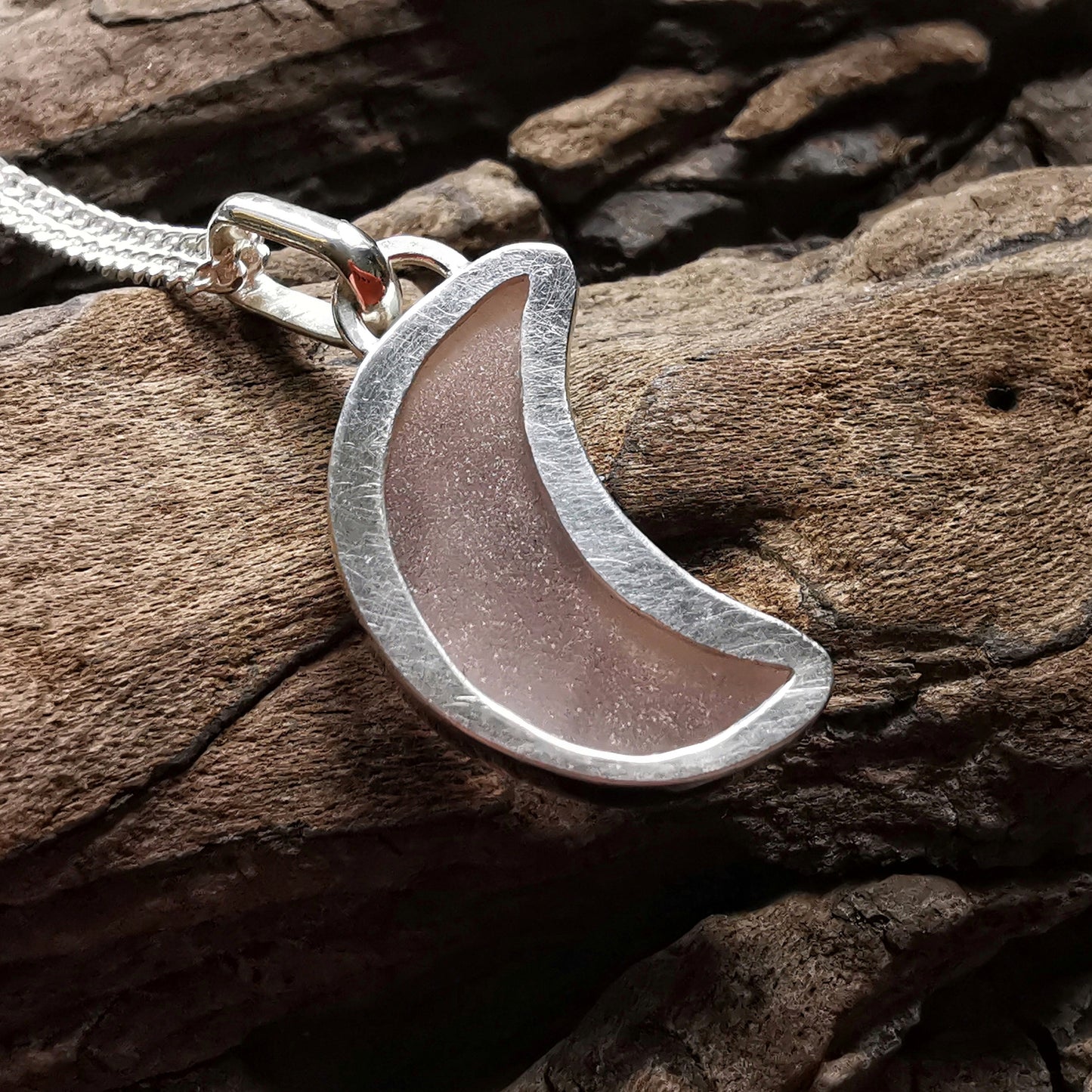 Pink crescent moon sea glass & sterling silver pendant.