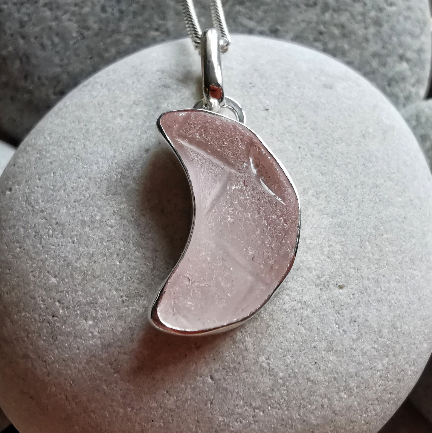 Pink crescent moon sea glass & sterling silver pendant.