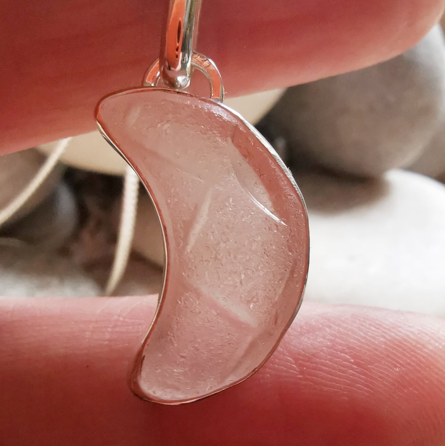 Pink crescent moon sea glass & sterling silver pendant.