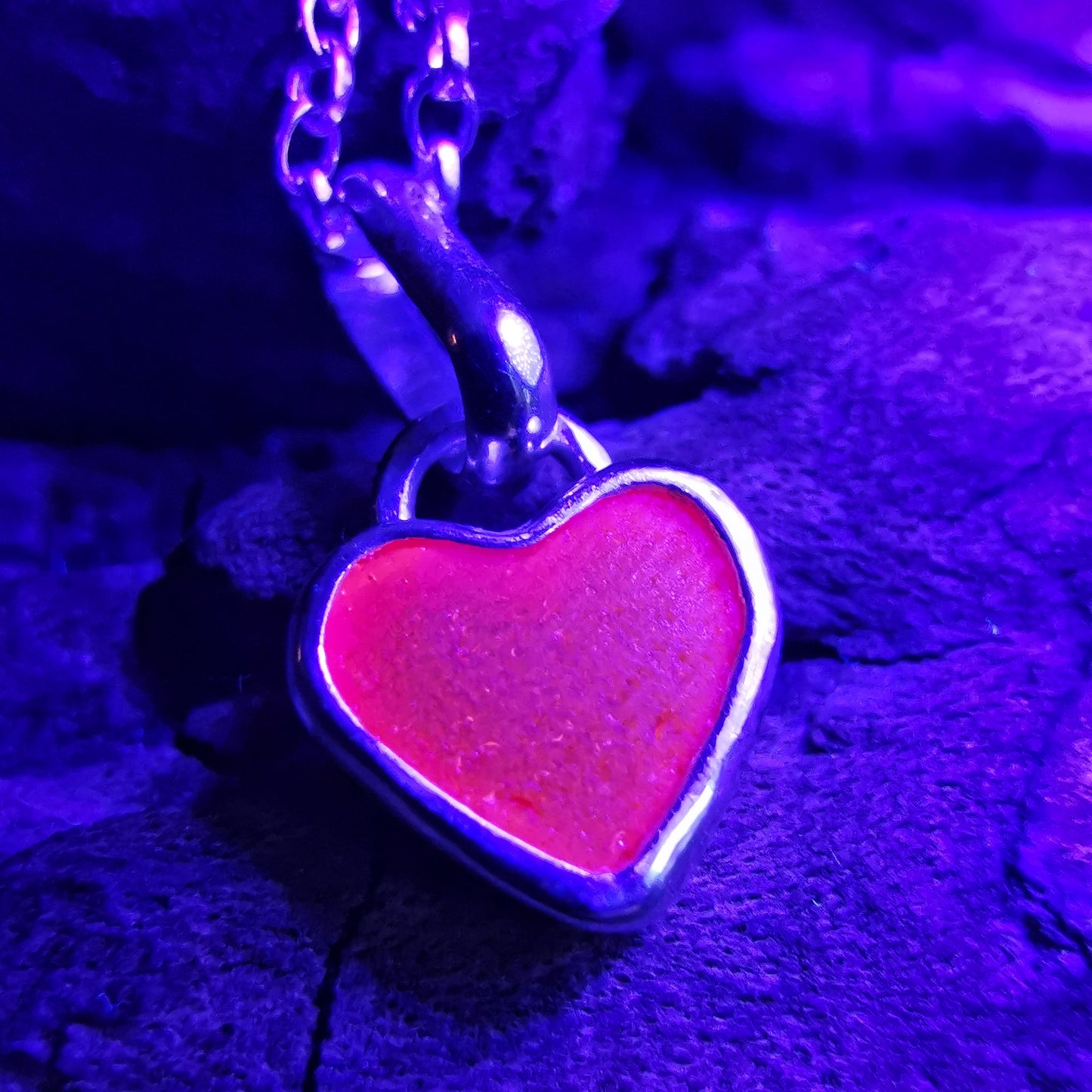 Tiny Scottish UV red sea glass heart & sterling silver pendant.