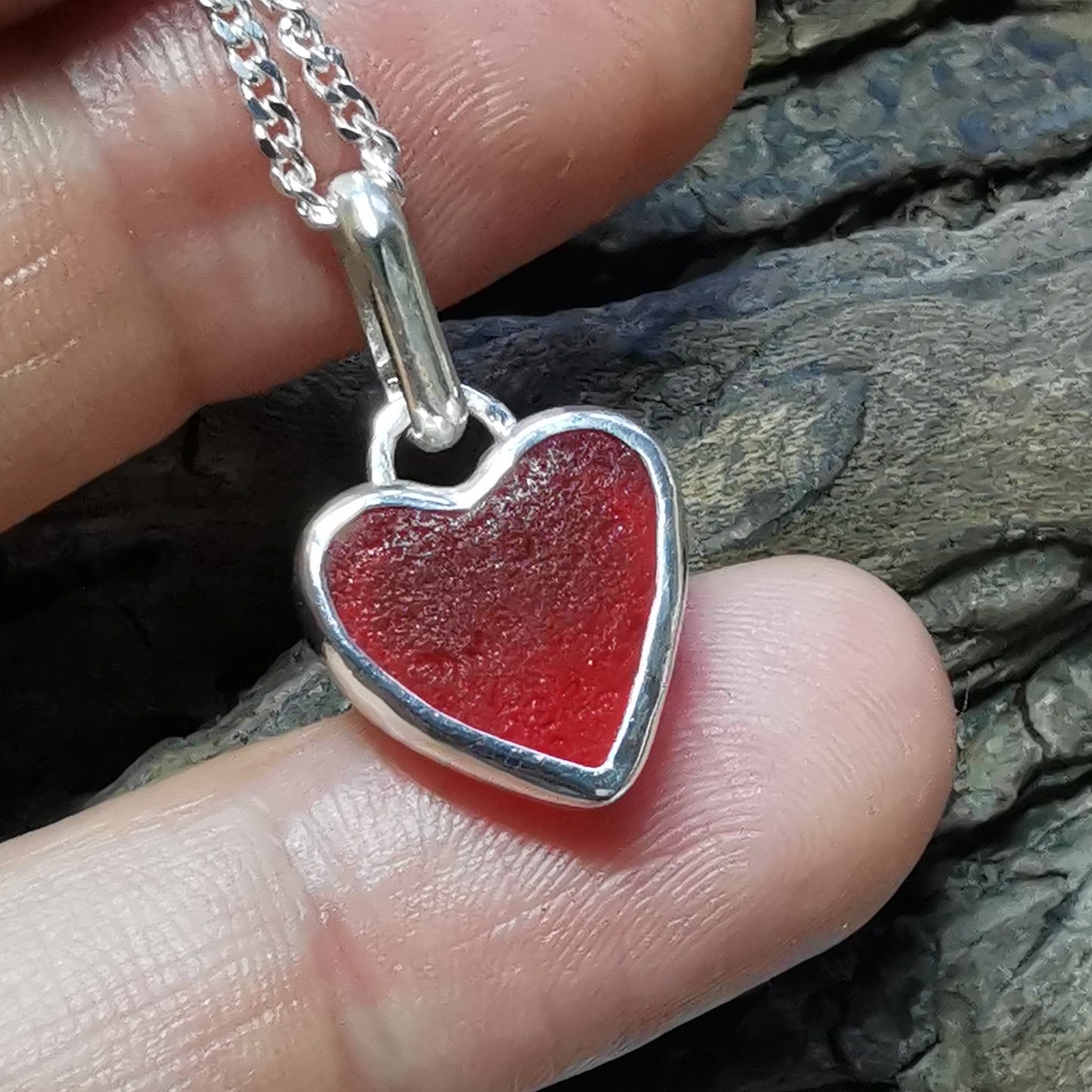 Scottish red UV sea glass heart & sterling silver pendant.