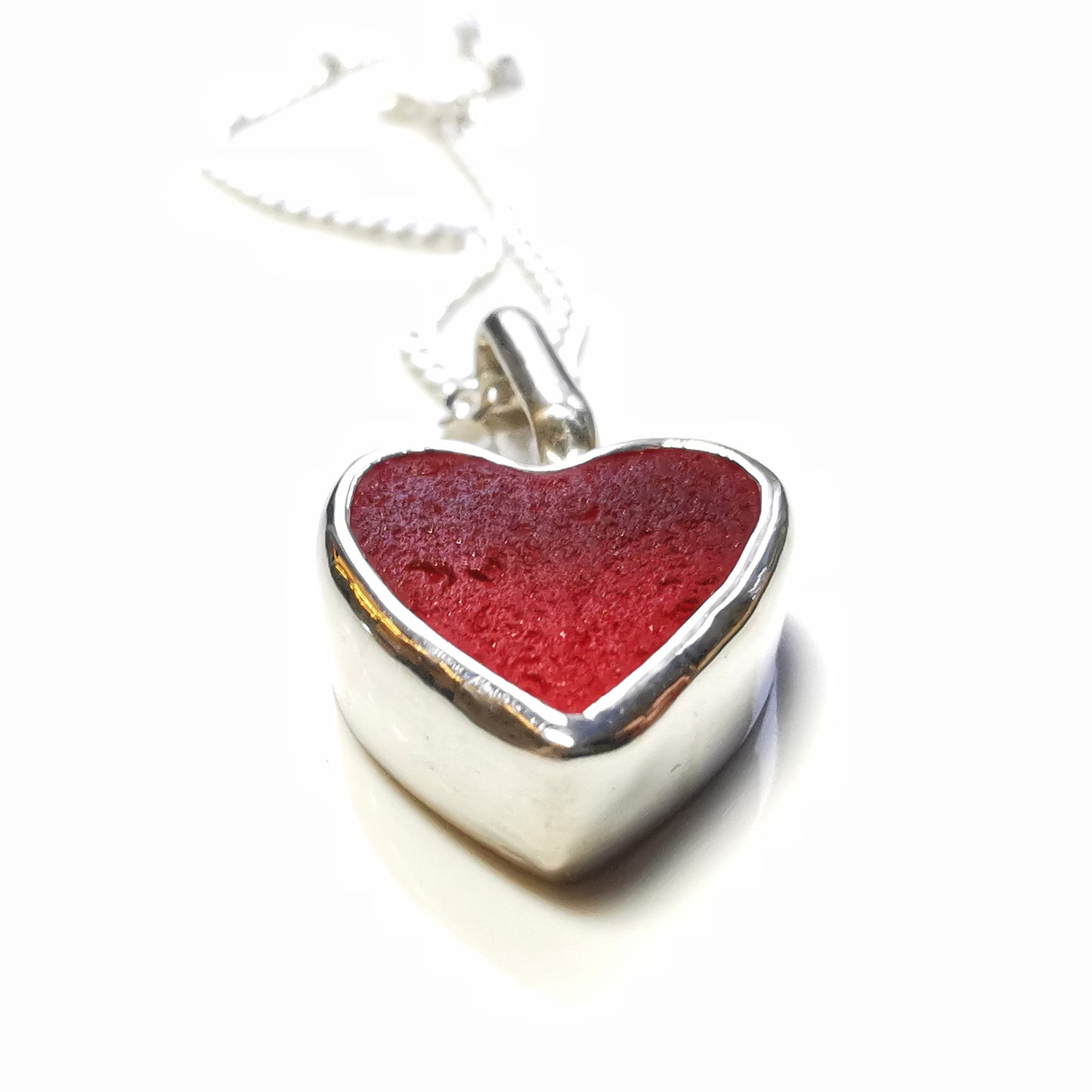 Scottish red UV sea glass heart & sterling silver pendant.