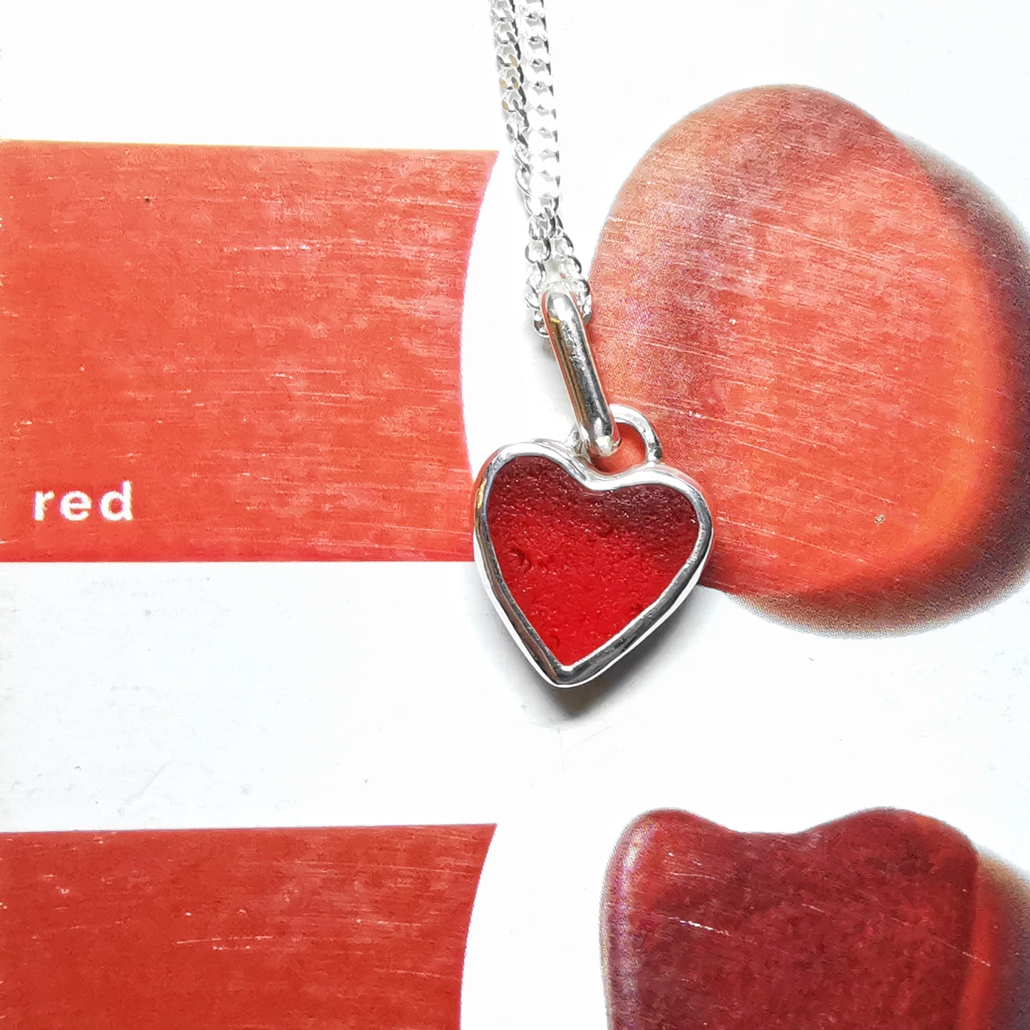 Scottish red UV sea glass heart & sterling silver pendant.