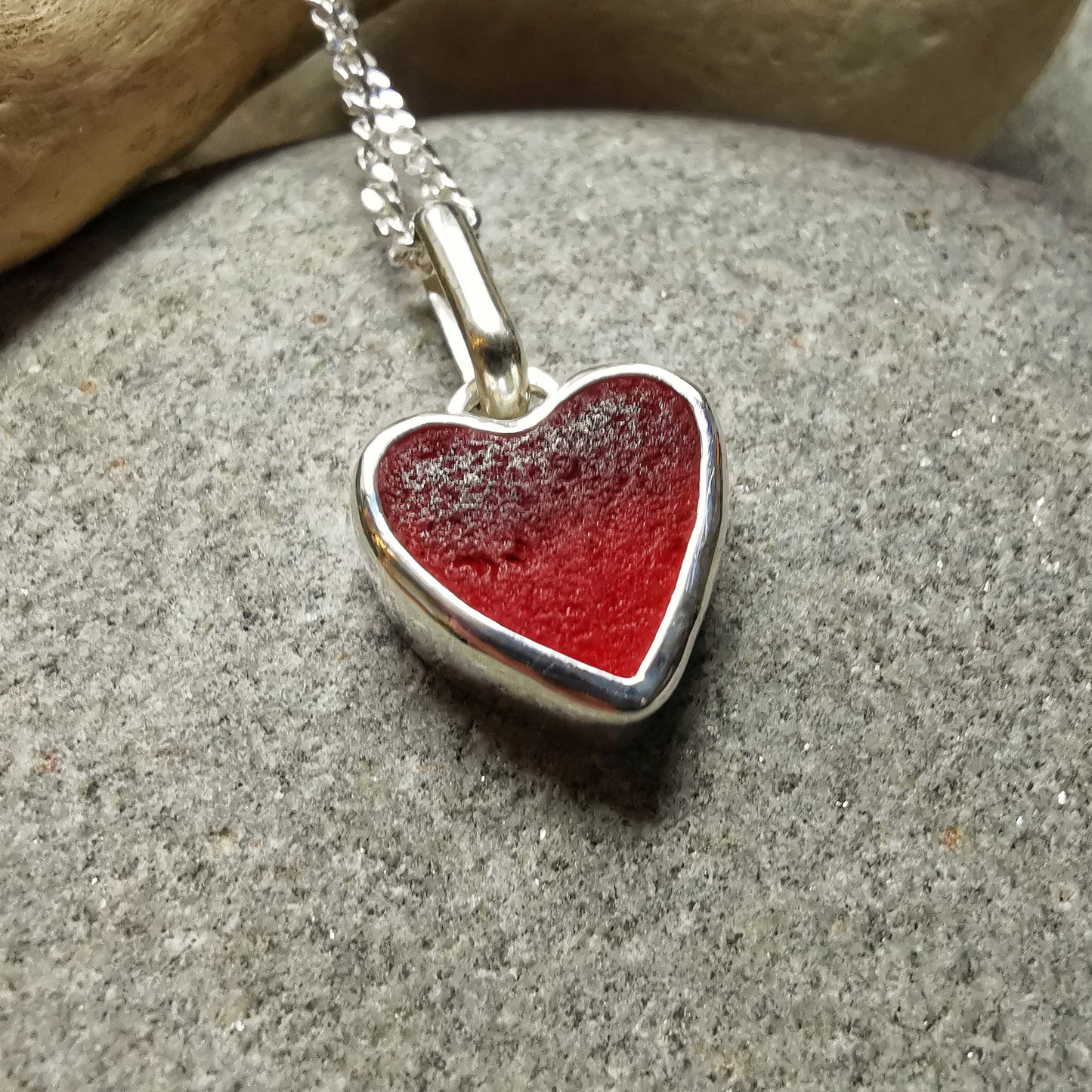 Scottish red UV sea glass heart & sterling silver pendant.