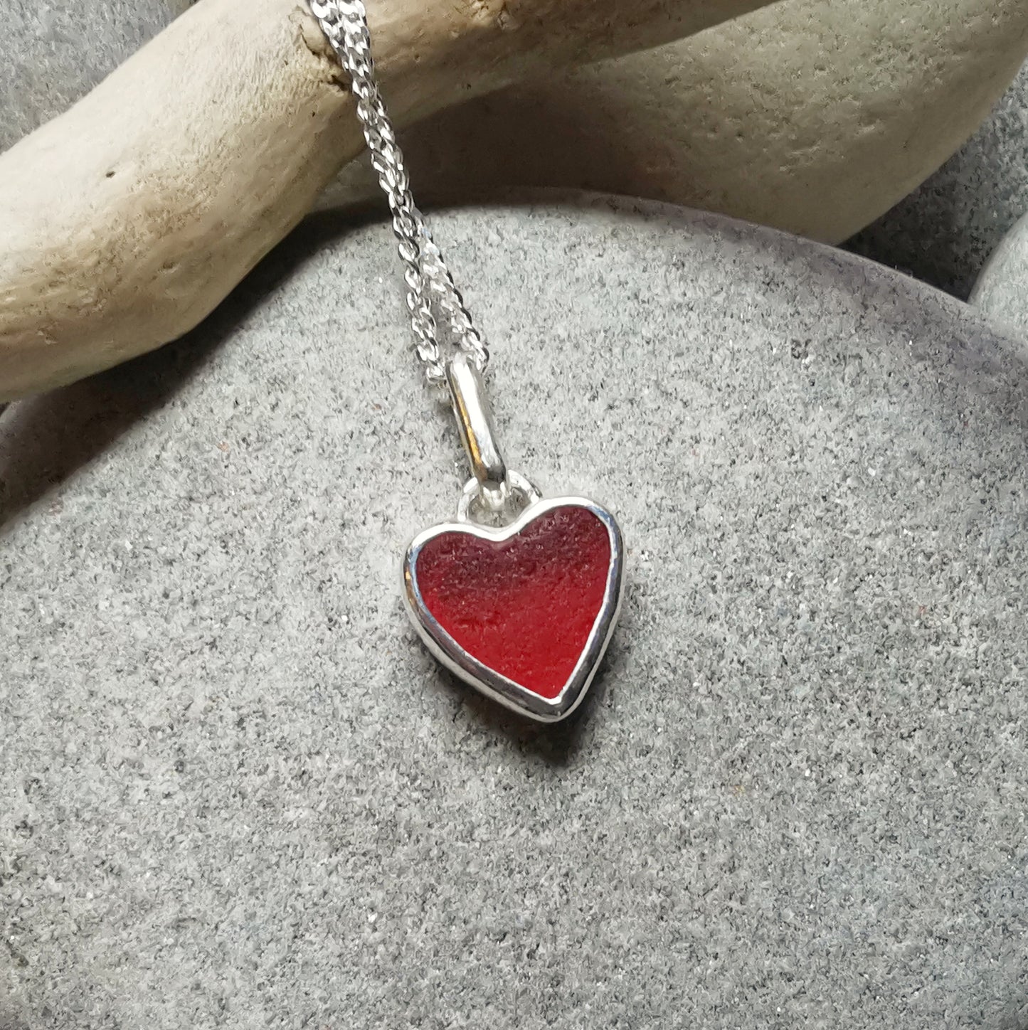 Scottish red UV sea glass heart & sterling silver pendant.