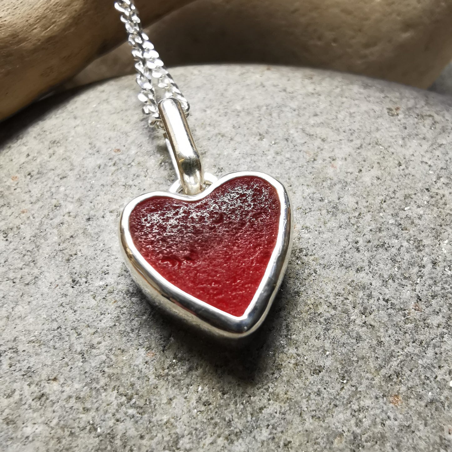 Scottish red UV sea glass heart & sterling silver pendant.