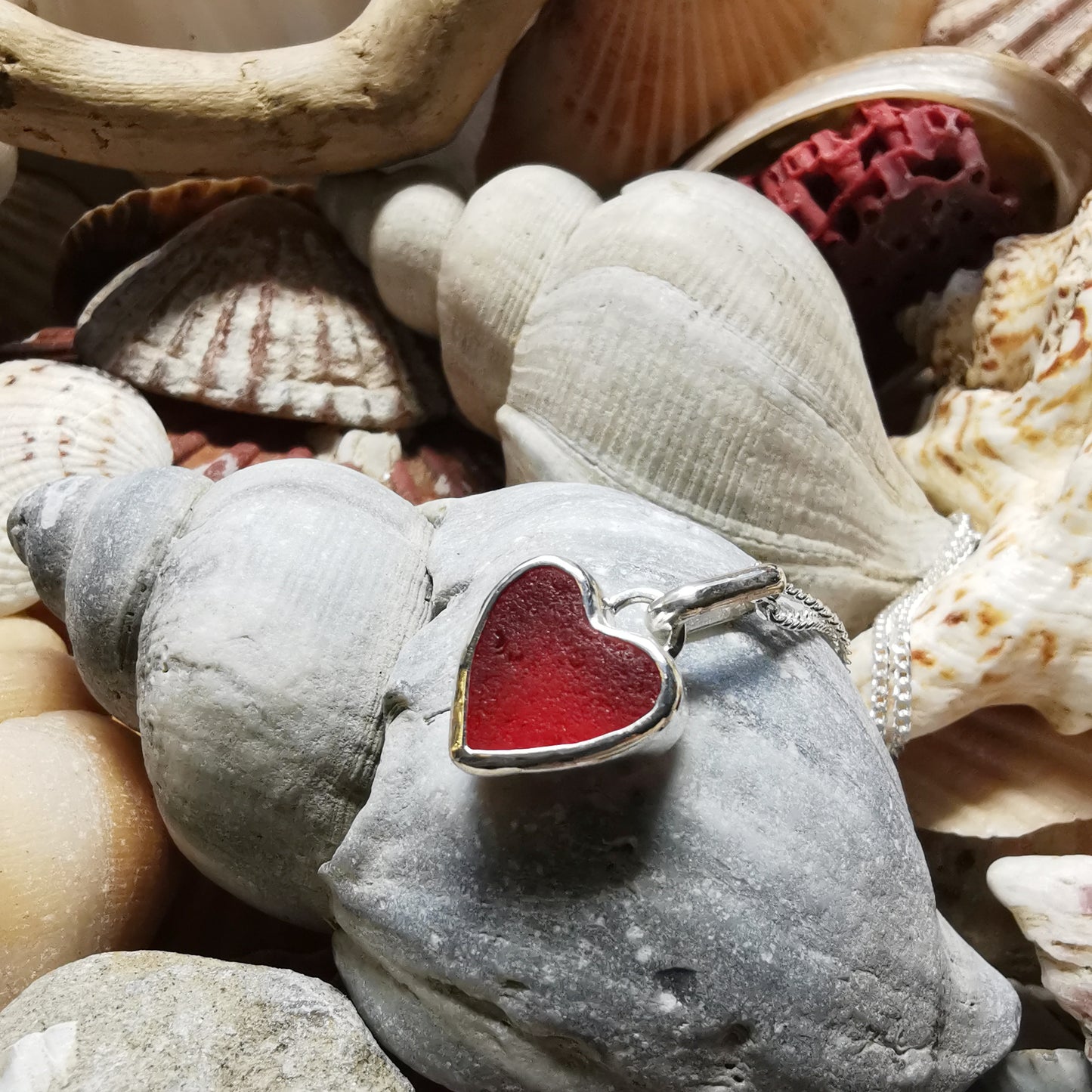 Scottish red UV sea glass heart & sterling silver pendant.