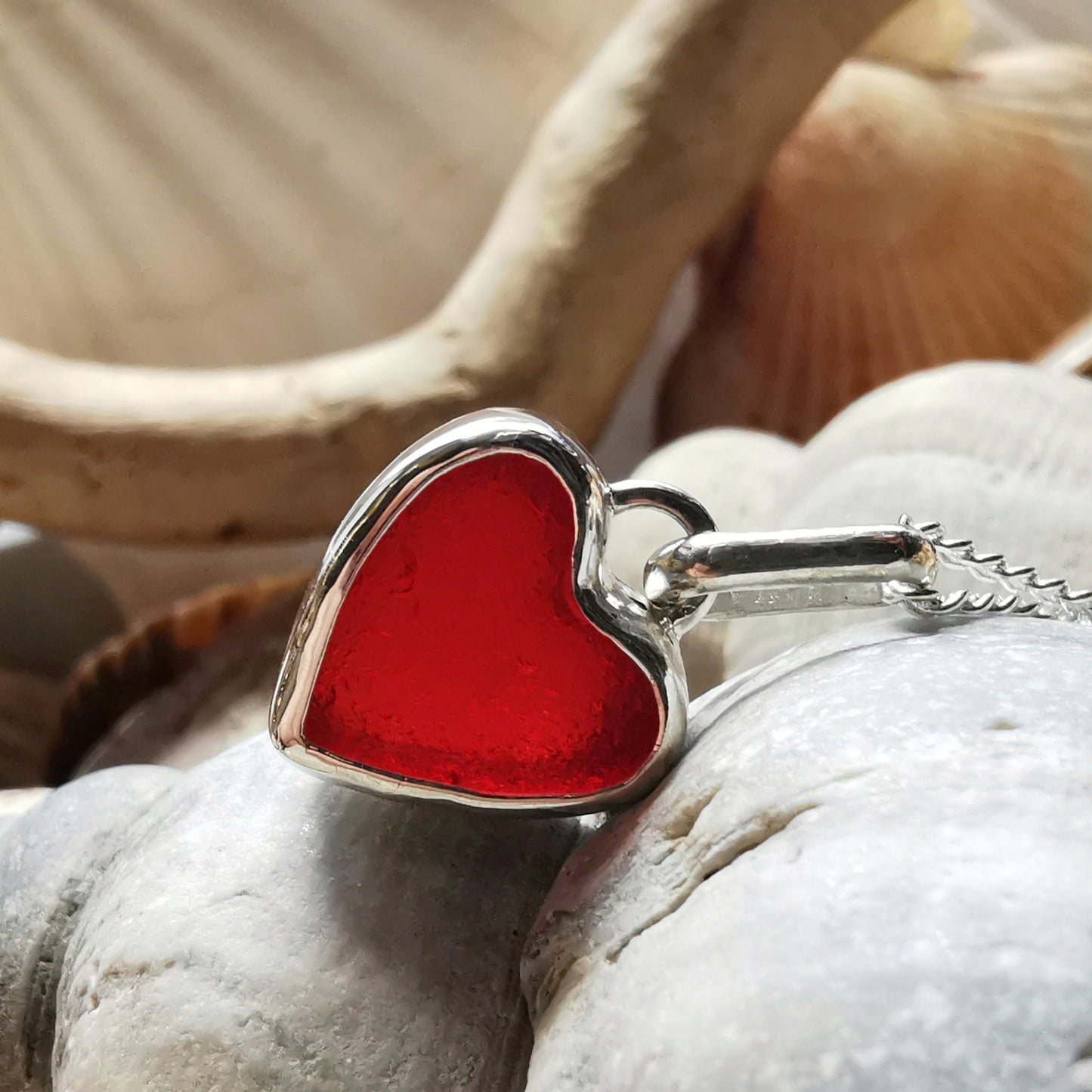 Scottish red UV sea glass heart & sterling silver pendant.