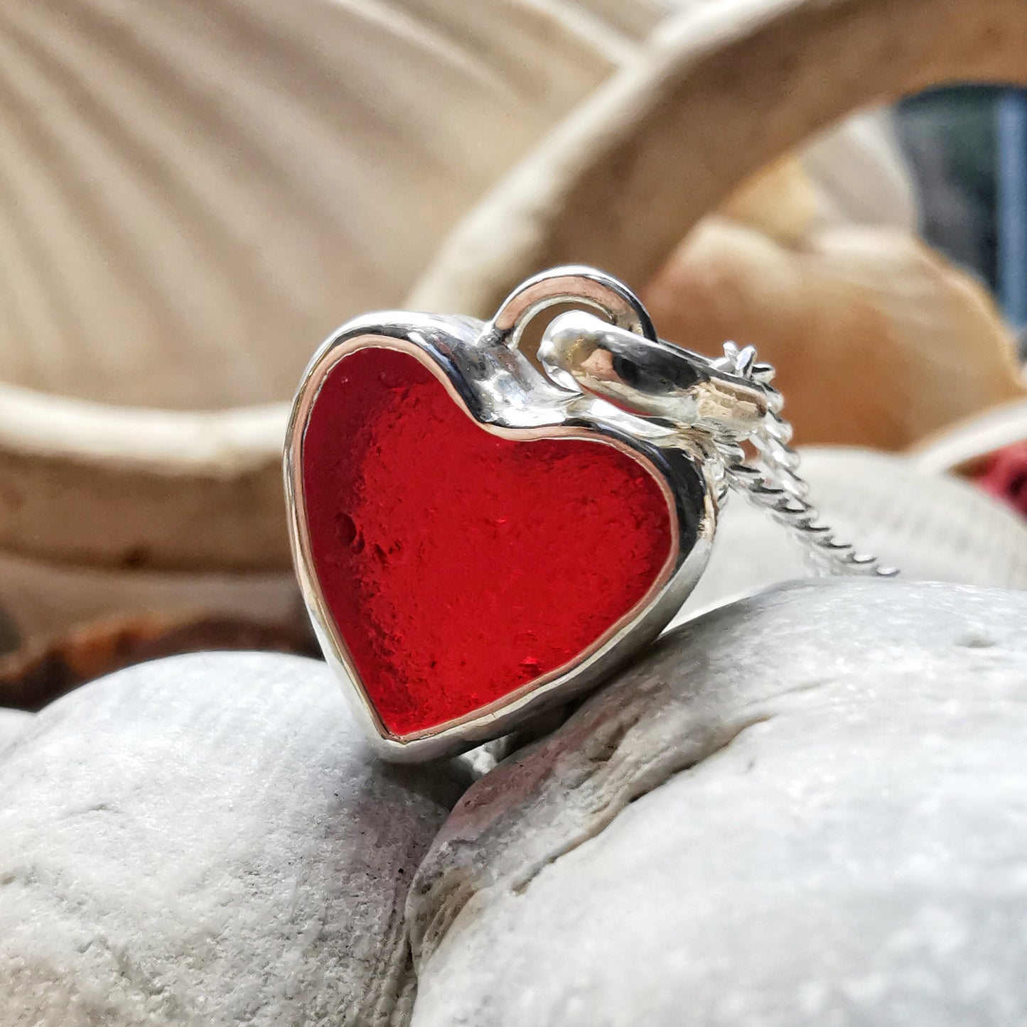 Scottish red UV sea glass heart & sterling silver pendant.