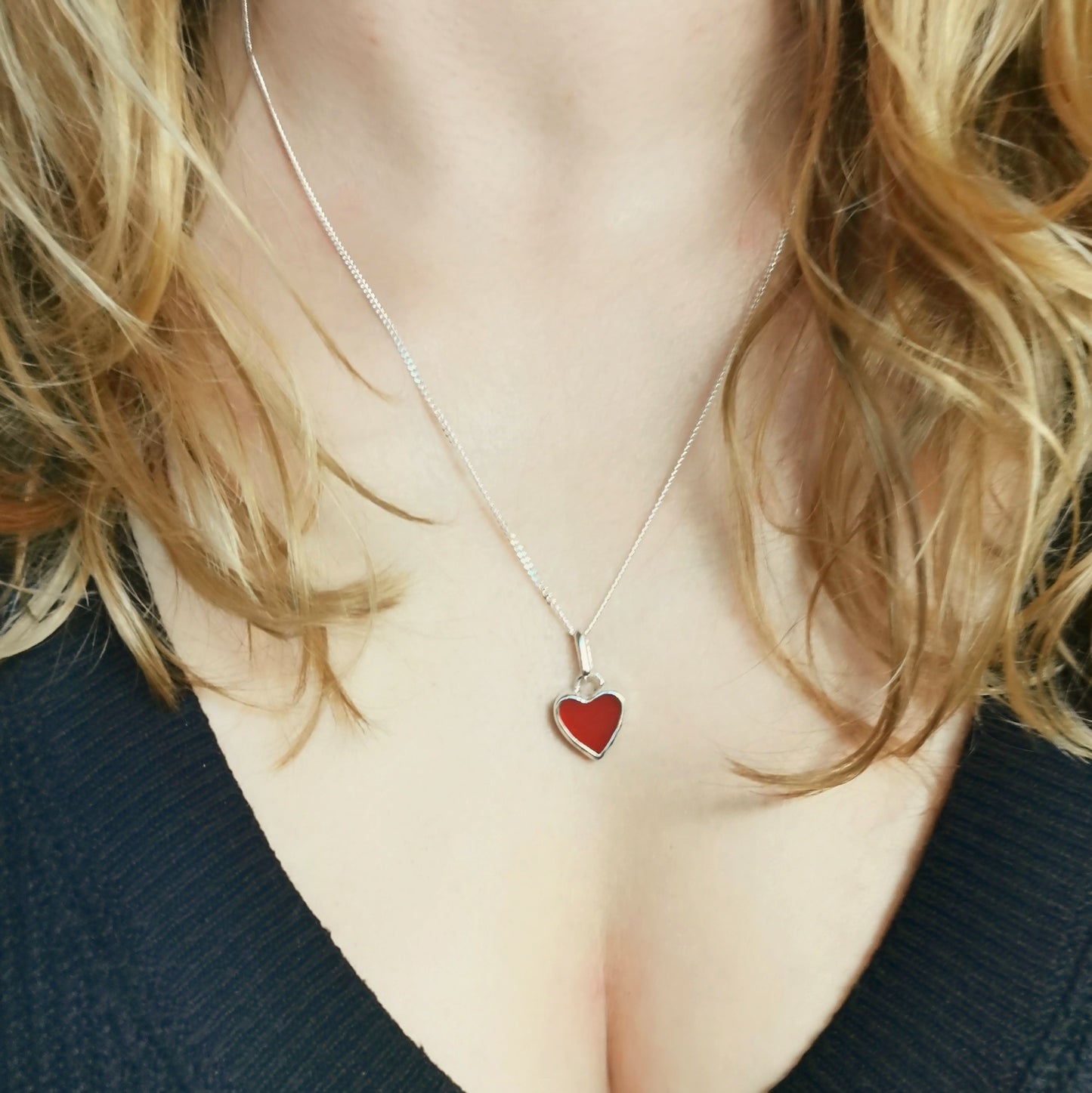 Scottish red UV sea glass heart & sterling silver pendant.