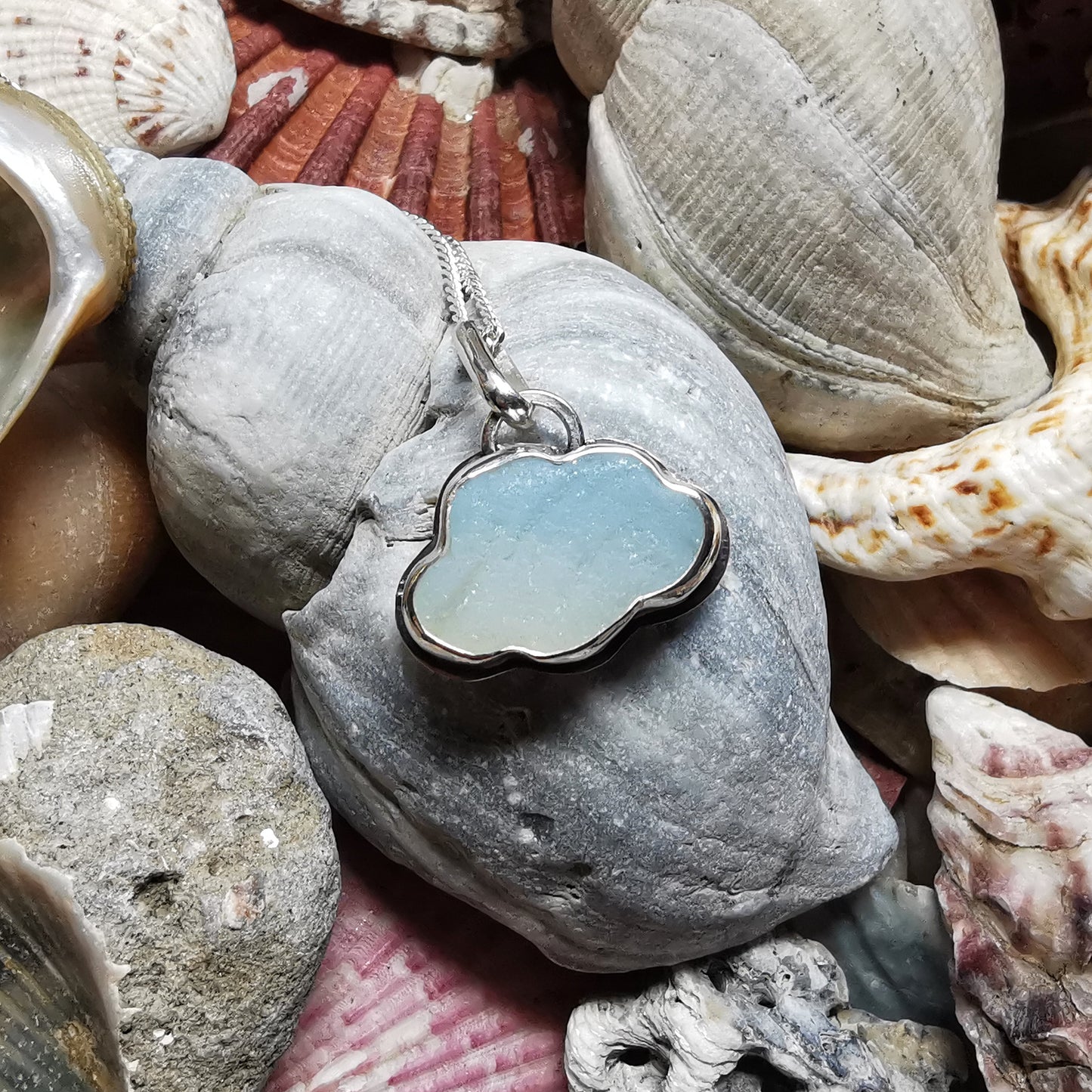 Opalescent sea glass cloud & sterling silver pendant.