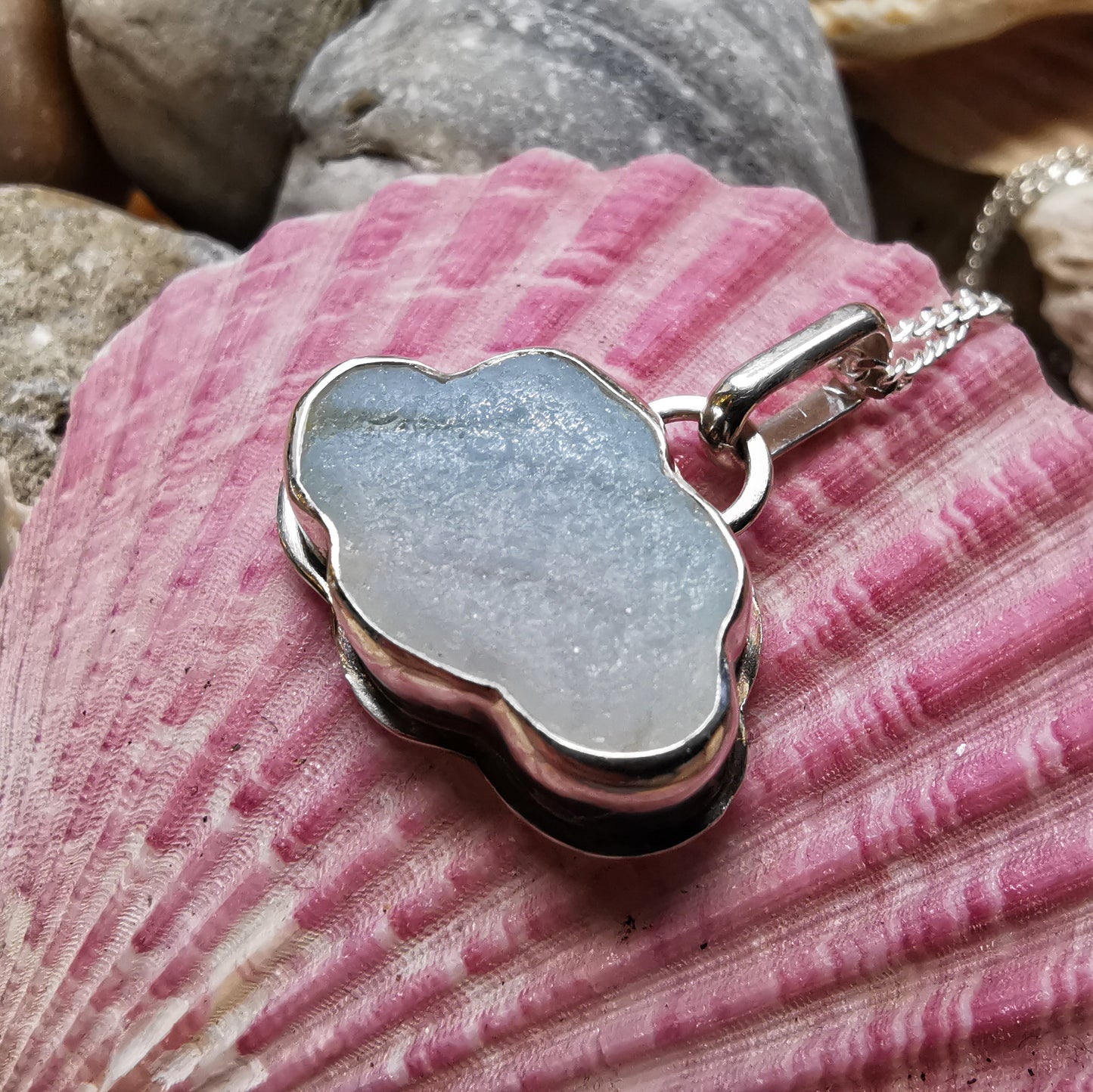 Opalescent sea glass cloud & sterling silver pendant.