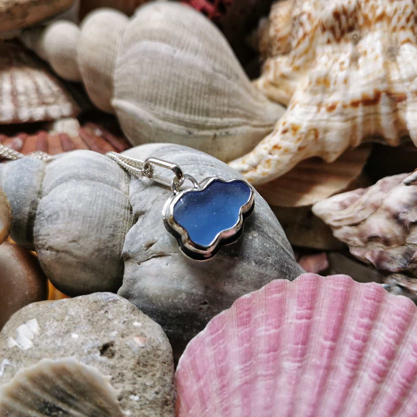 Scottish blue sea glass cloud & sterling silver pendant.