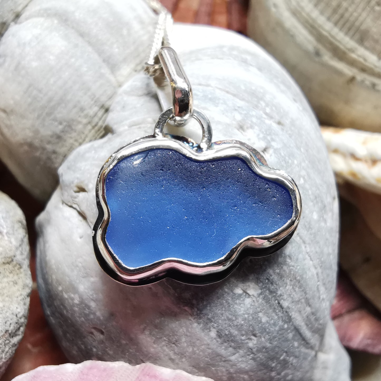 Scottish blue sea glass cloud & sterling silver pendant.