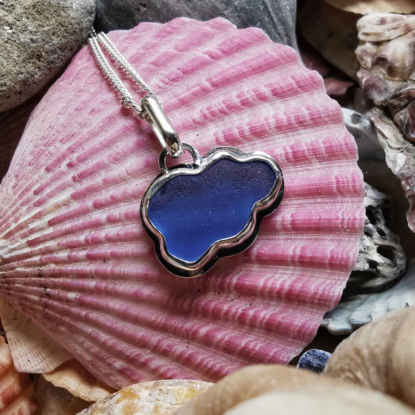 Scottish blue sea glass cloud & sterling silver pendant.