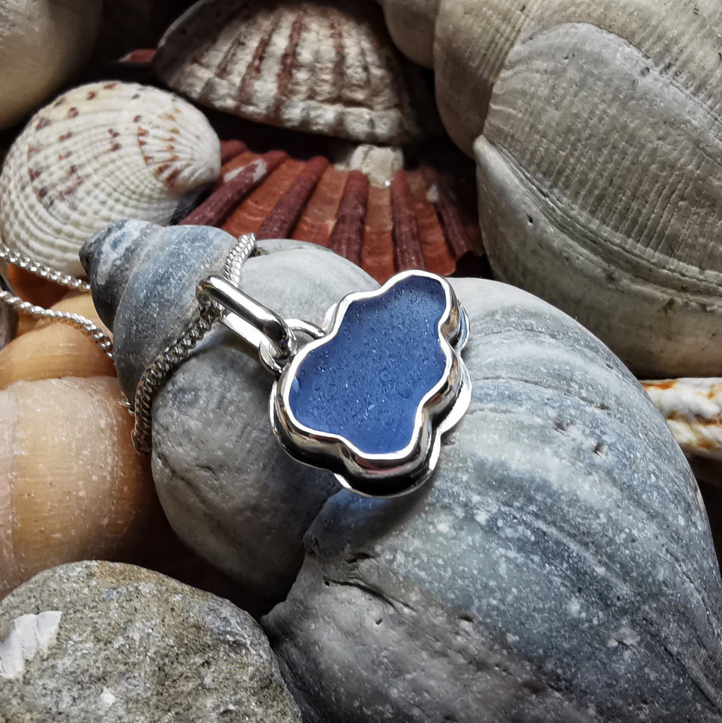 Scottish blue sea glass cloud & sterling silver pendant.