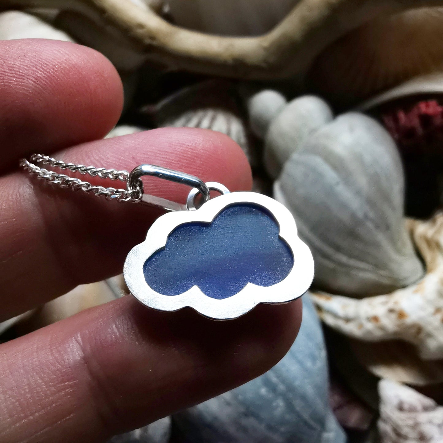 Scottish blue sea glass cloud & sterling silver pendant.