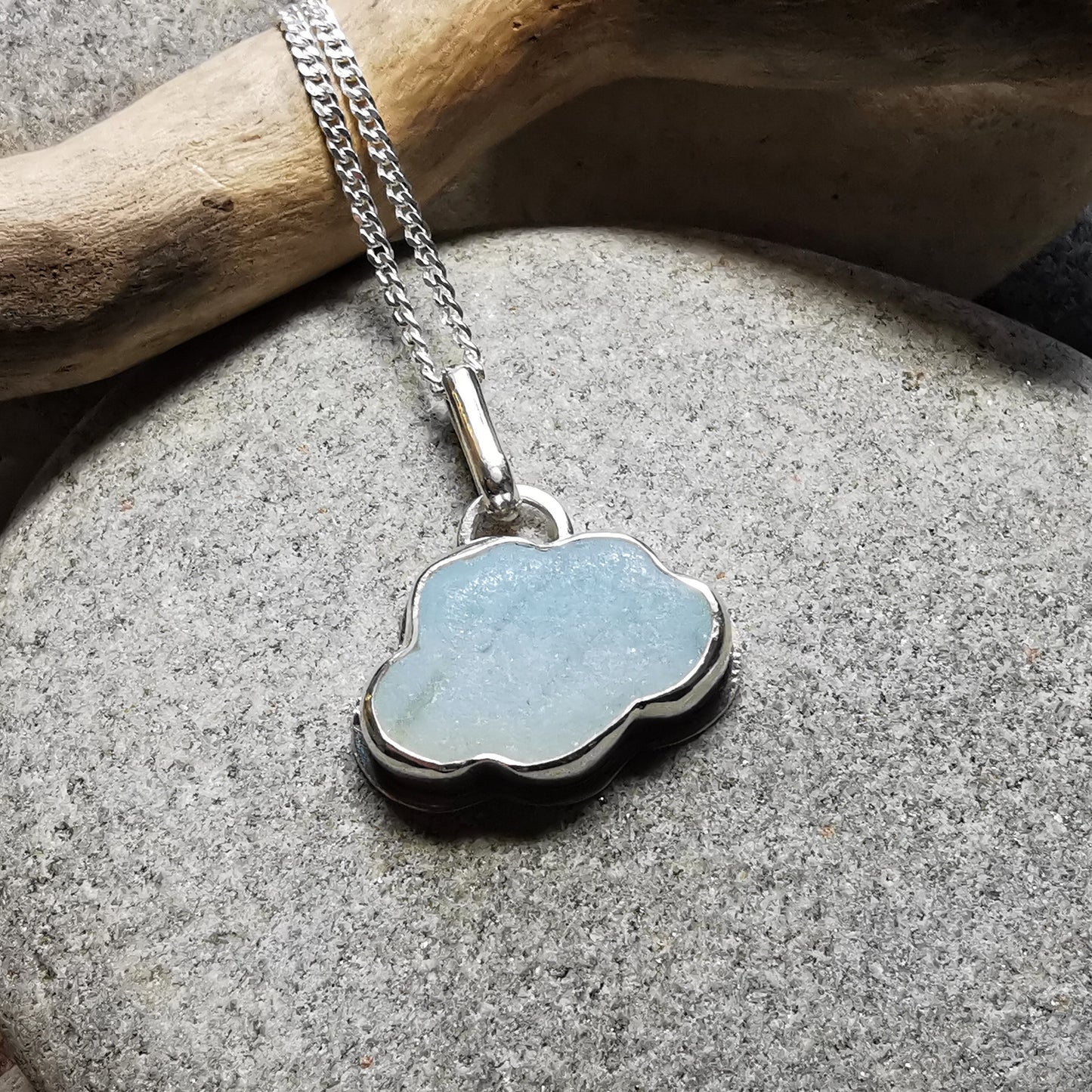 Opalescent sea glass cloud & sterling silver pendant.