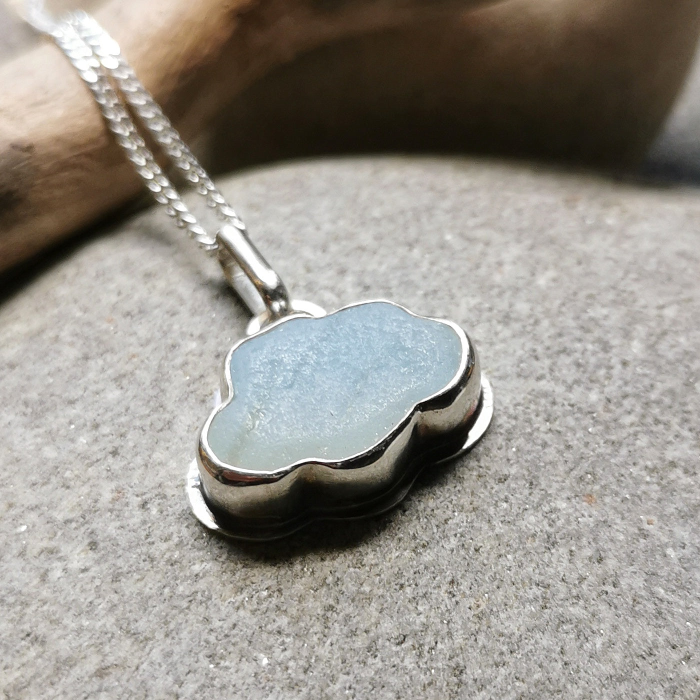 Opalescent sea glass cloud & sterling silver pendant.