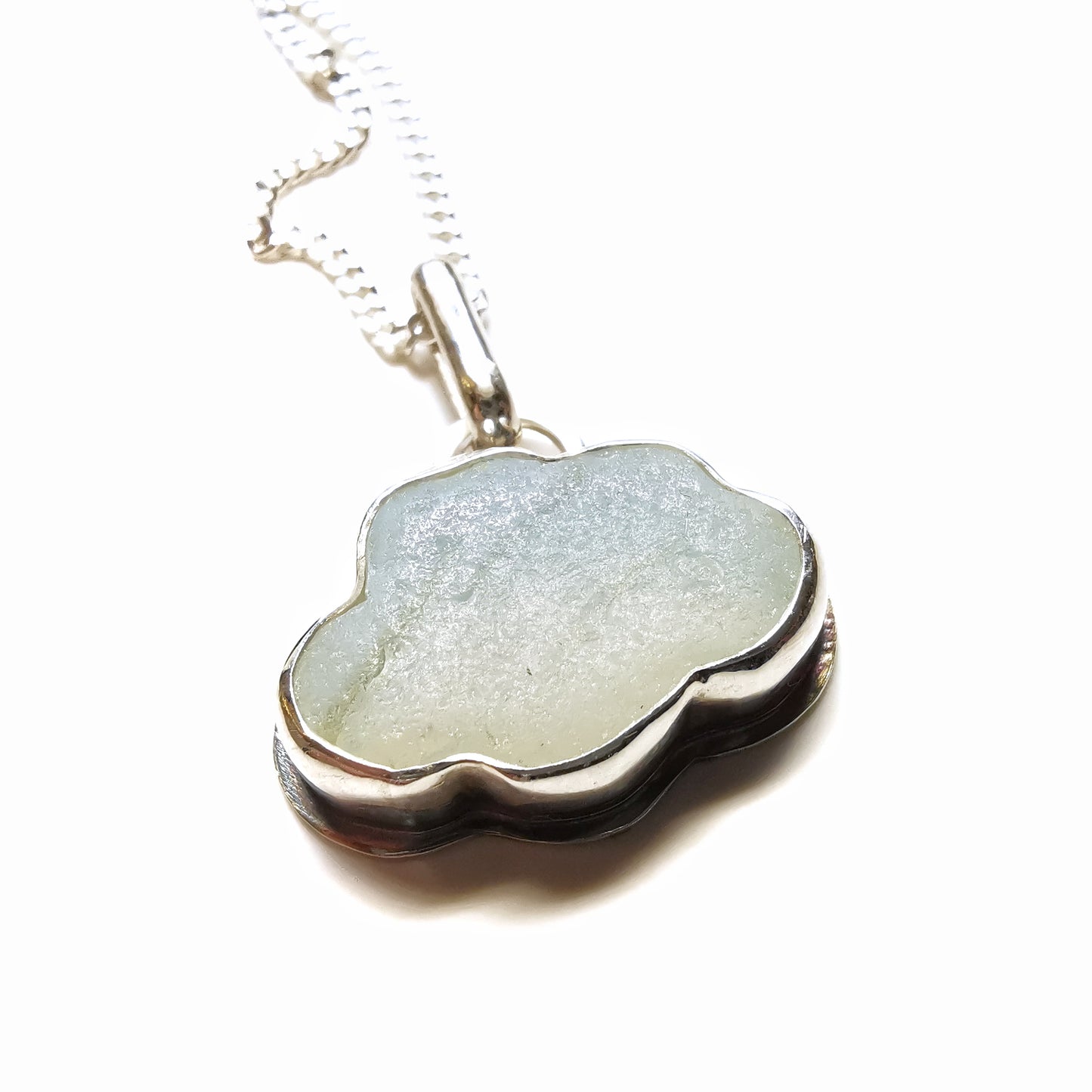 Opalescent sea glass cloud & sterling silver pendant.