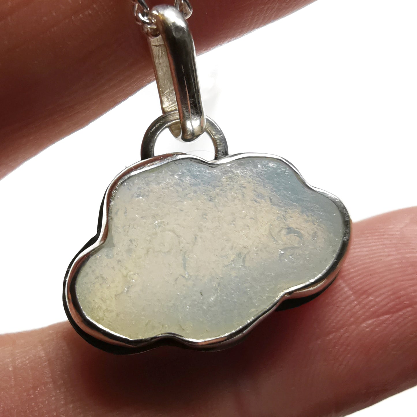Opalescent sea glass cloud & sterling silver pendant.