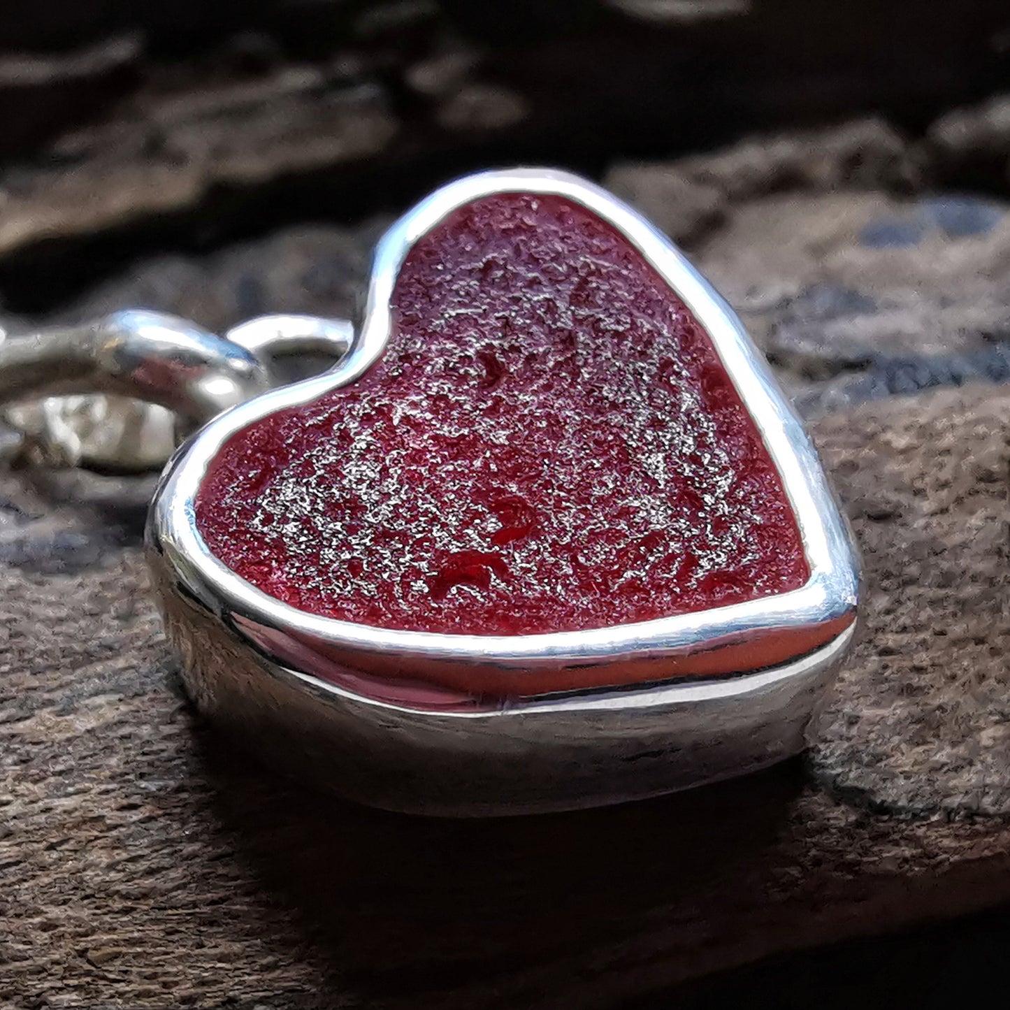 Scottish red UV sea glass heart & sterling silver pendant.